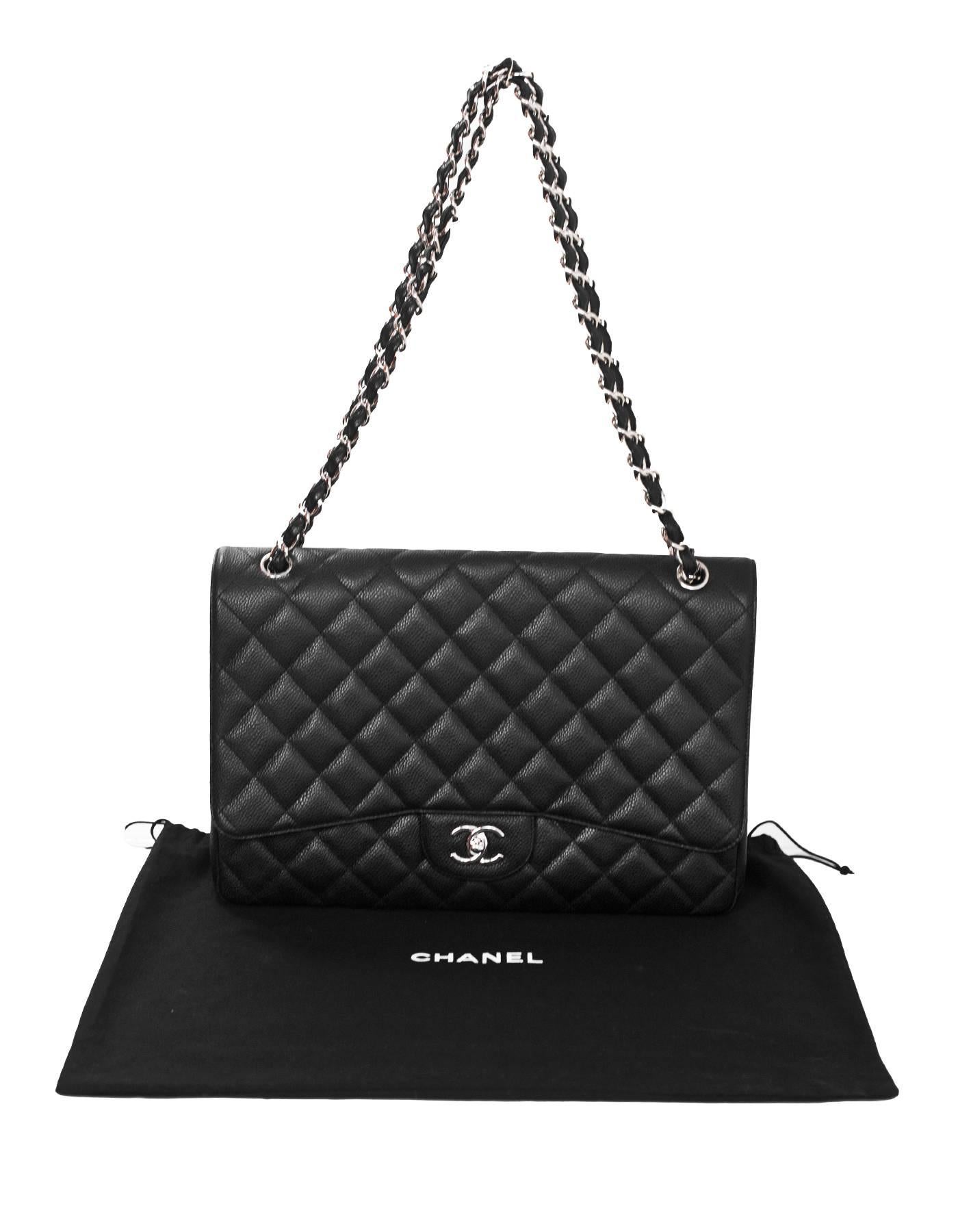Chanel Black Caviar Leather Quilted Single Flap Maxi Classic Bag with DB 4