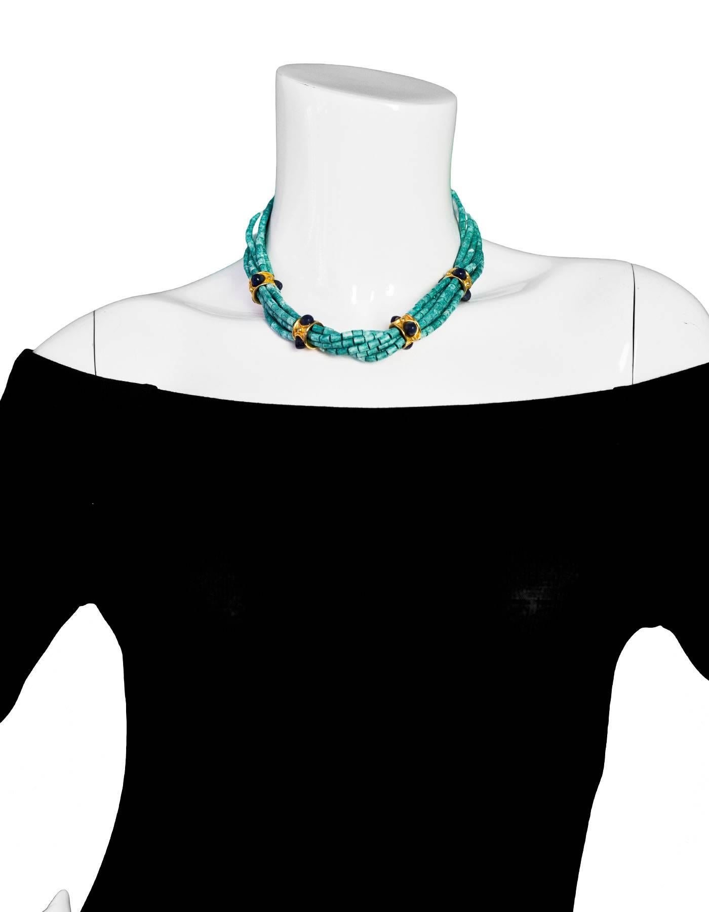 Francesca Romana Turquoise Beaded Necklace

Color: Blue
Materials: Turquoise, metal, stones
Stamp: FR
Overall Condition: Excellent pre-owned condition, light tarnish at gold hardware

Measurements:
Length: 16"