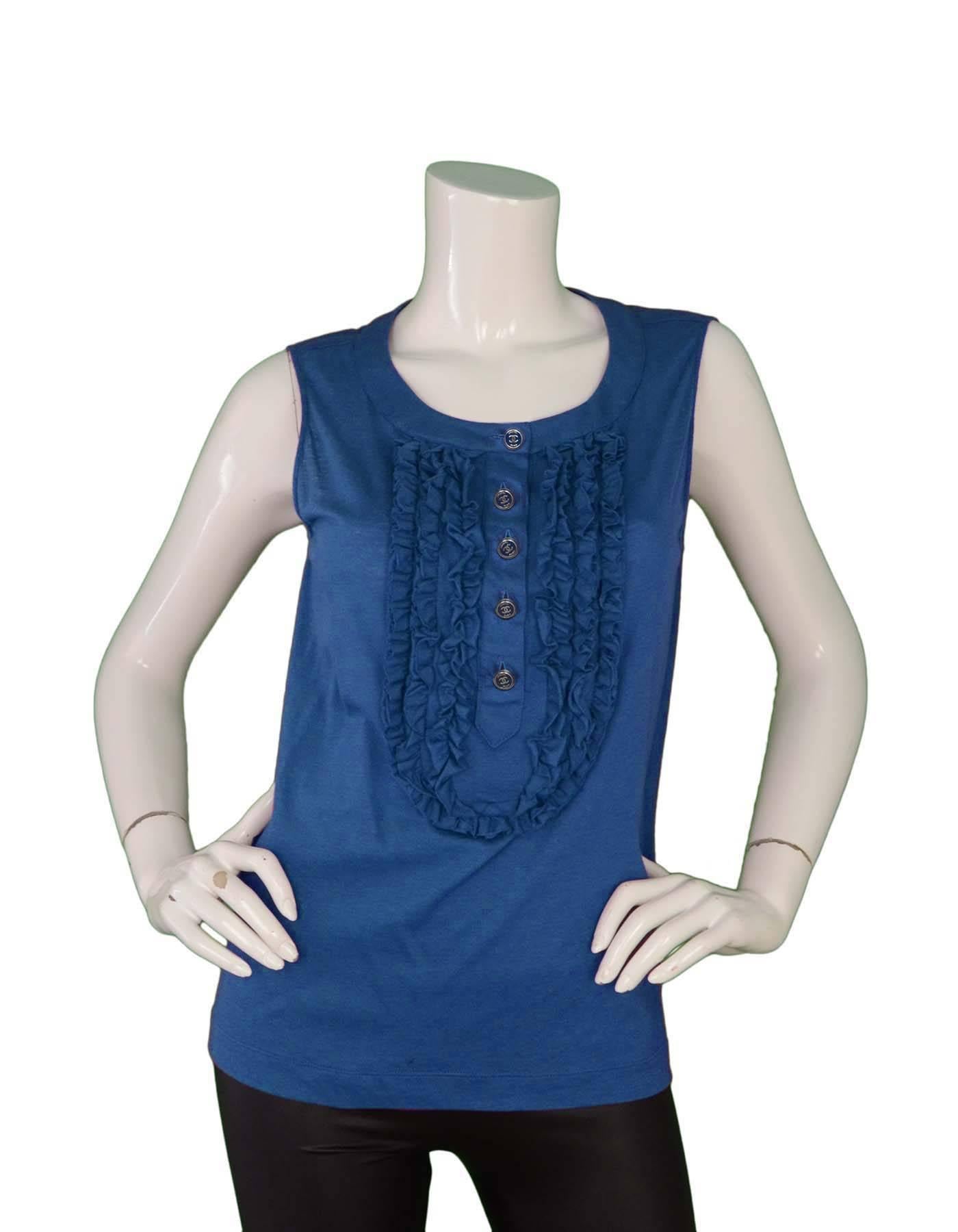 Chanel 2009 Navy Blue Cotton Ruffle Top Sz FR46 In Excellent Condition In New York, NY