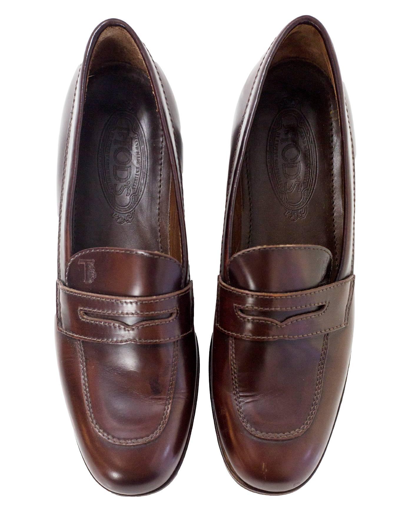 Black TOD's Brown Leather Loafers Sz 36.5
