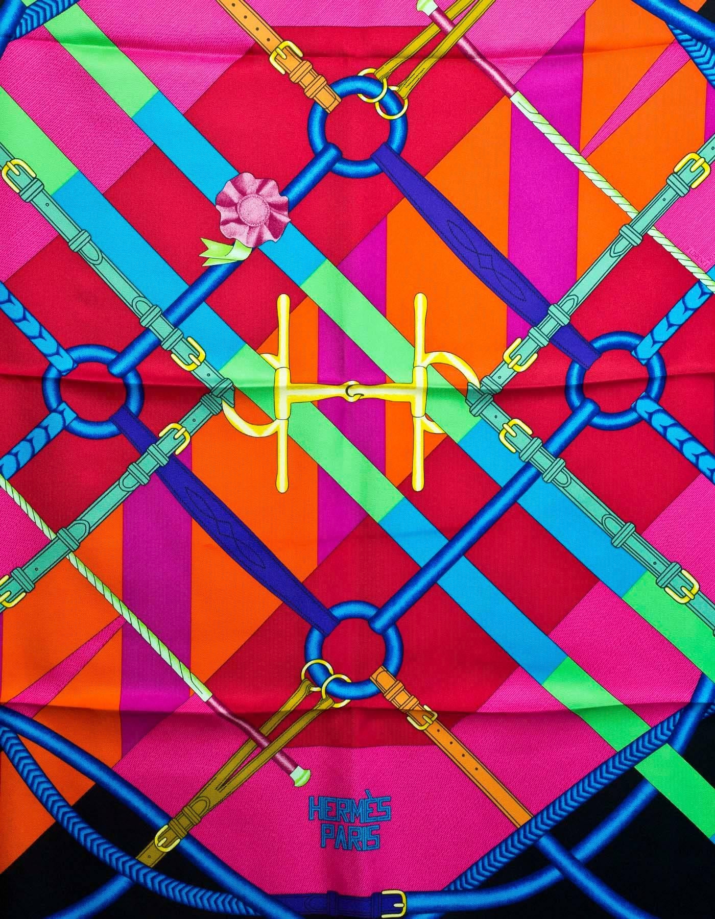 Hermes Parcours Sans Faute Silk 90cm Scarf

Made In: France
Color: Multi-colored noir/rose vif/vert
Composition: 100% Silk
Overall Condition: Excellent pre-owned condition
Included: Hermes box, sales receipt

Measurements:
Length: 35"
Width: