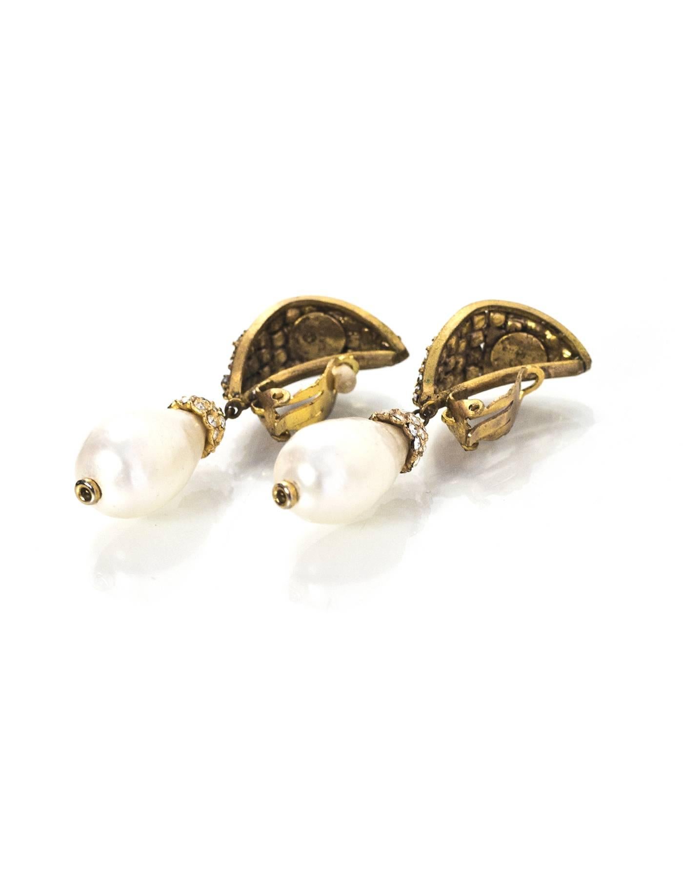 Chanel Vintage Crystal and Pearl Drop Clip-On Earrings In Excellent Condition In New York, NY