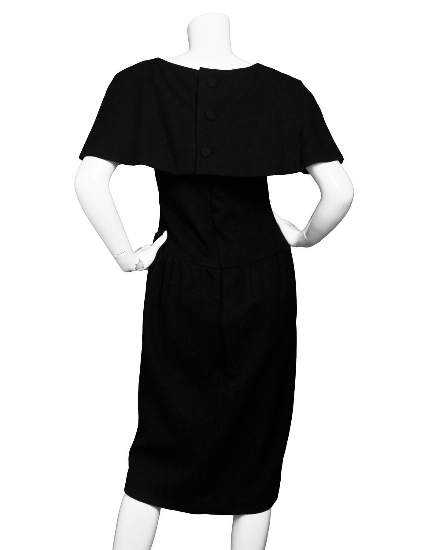 Scassi Vintage Black Flutter Sleeve Wool Dress sz US10 In Excellent Condition In New York, NY
