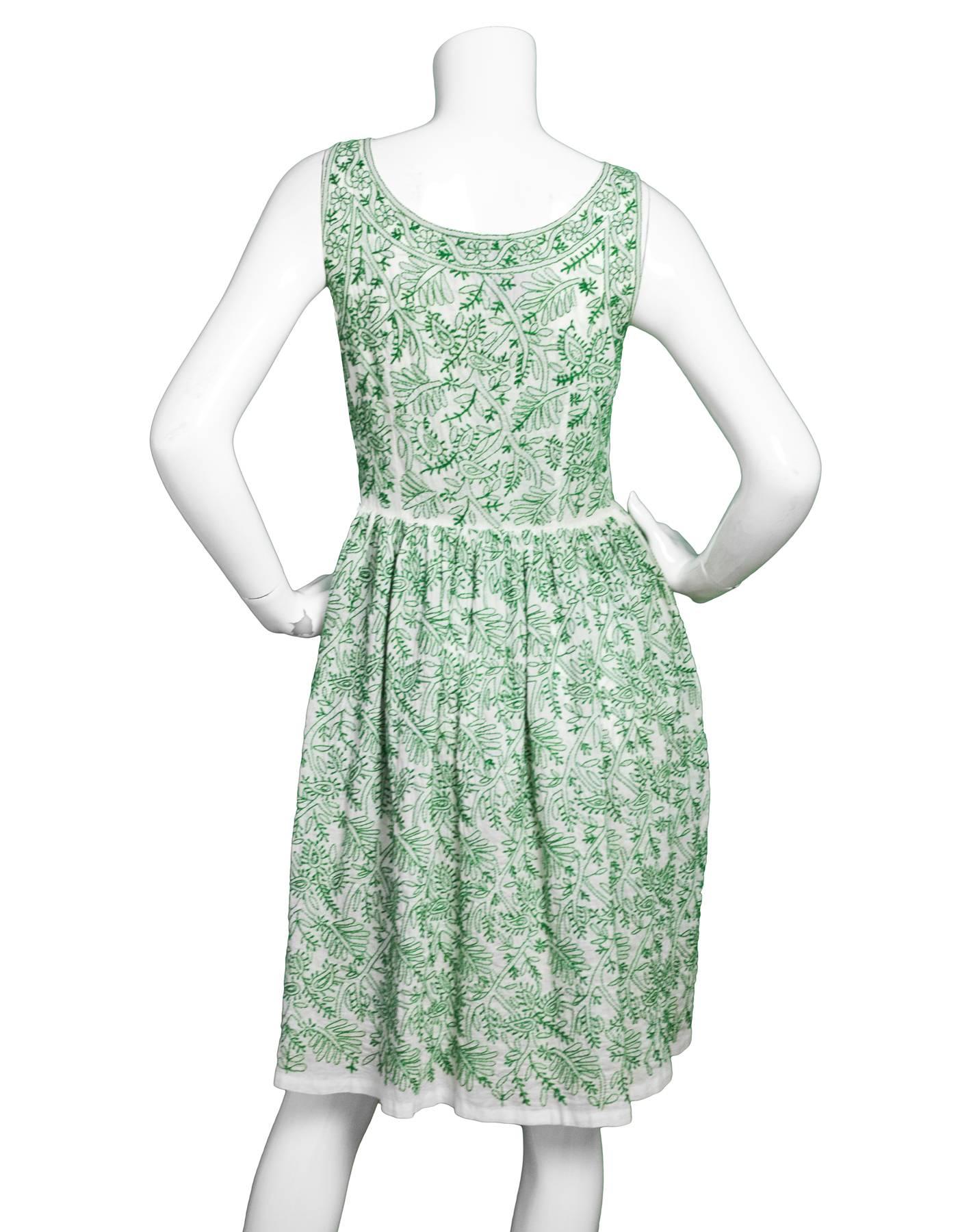 Blue Prada White & Green Embroidered Cotton Sleeveless Dress sz S