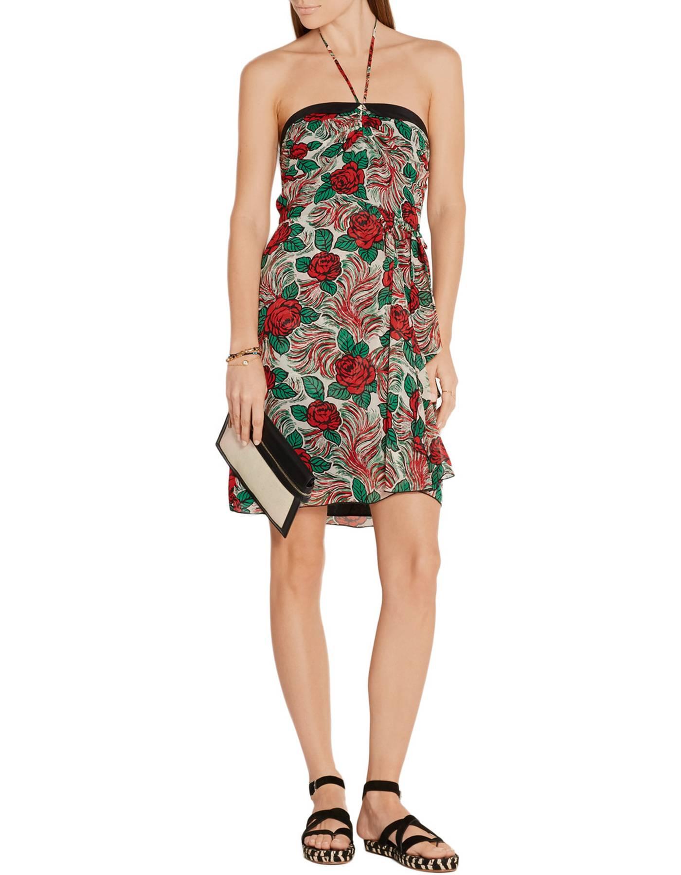 Anna Sui Floral Print Silk Halter Dress 
Features optional flaps at side waist to tie bow

Made In: USA
Color: Black, red, green and white
Composition: 100% silk
Lining: Black, 100% polyester
Closure/Opening: Side zipper and halter tie neck
Exterior