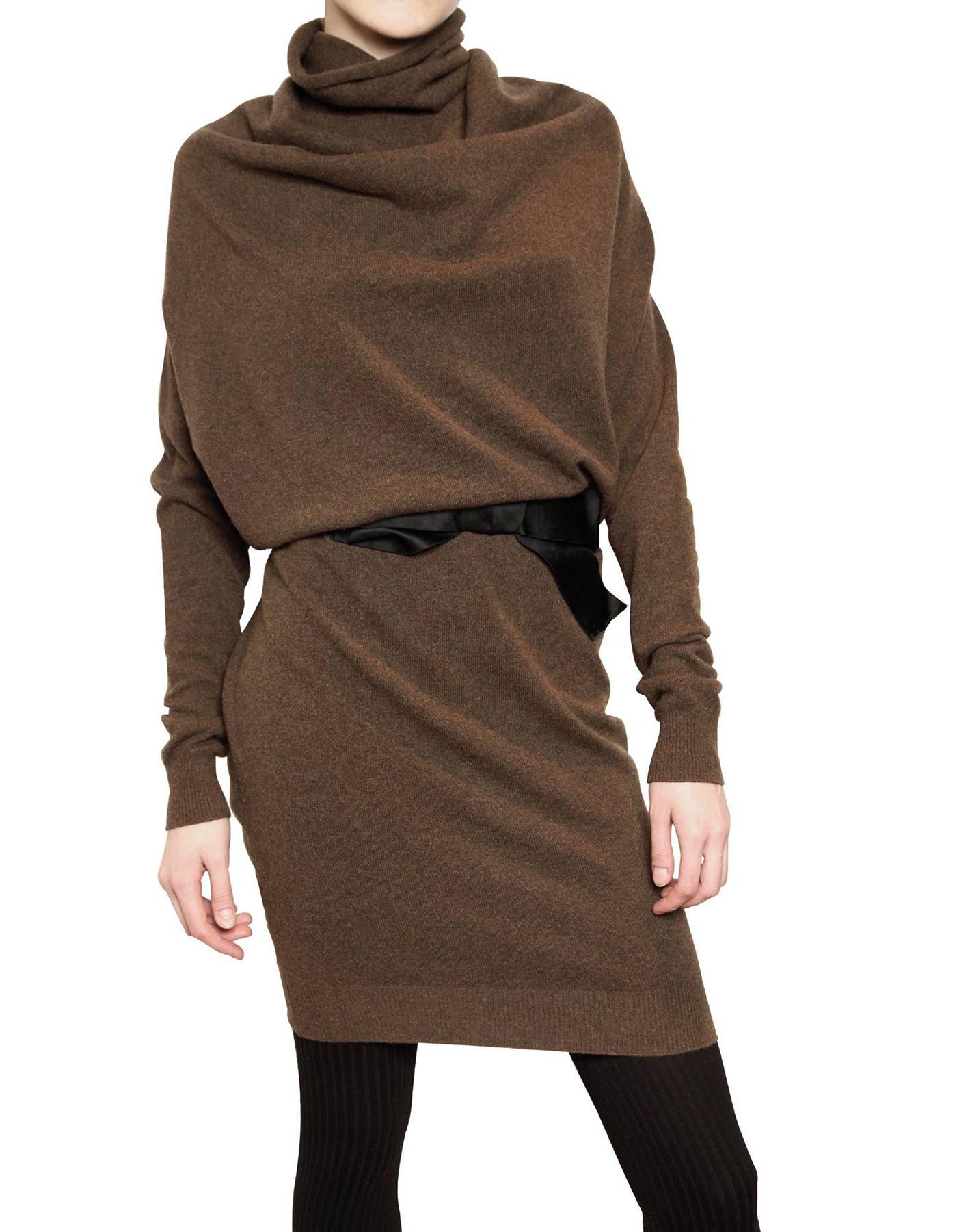 Lanvin Brown Cashmere Draped Over Shoulder Sweater Dress 

Made In: Italy
Color: Brown
Composition: 70% wool, 30% cashmere
Lining: None
Closure/Opening: Pull over
Exterior Pockets: None
Interior Pockets: None
Retail Price: $1,670 + tax
Overall