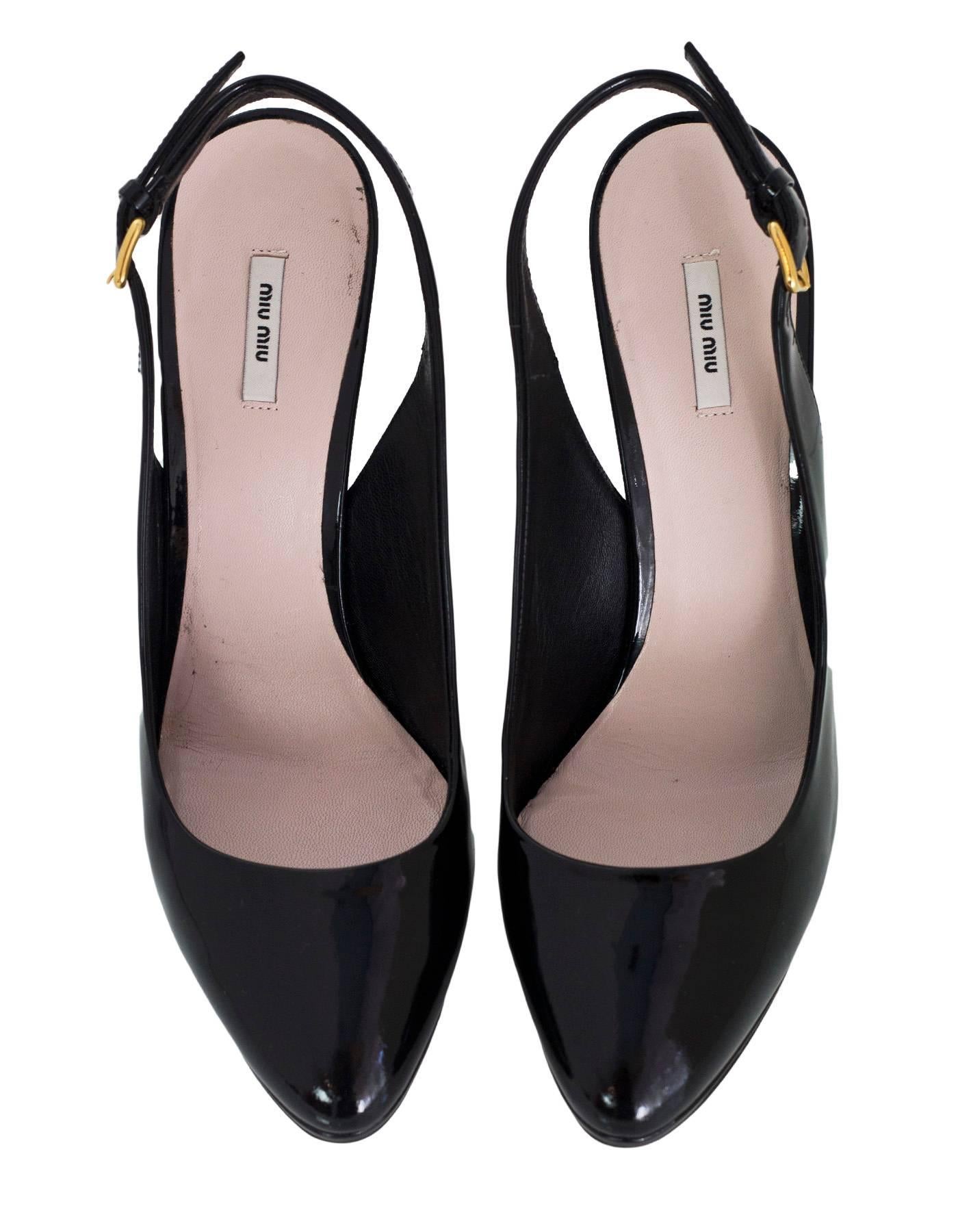 Miu Miu Black Patent Leather Sling Back Pumps sz 37.5 In Excellent Condition In New York, NY