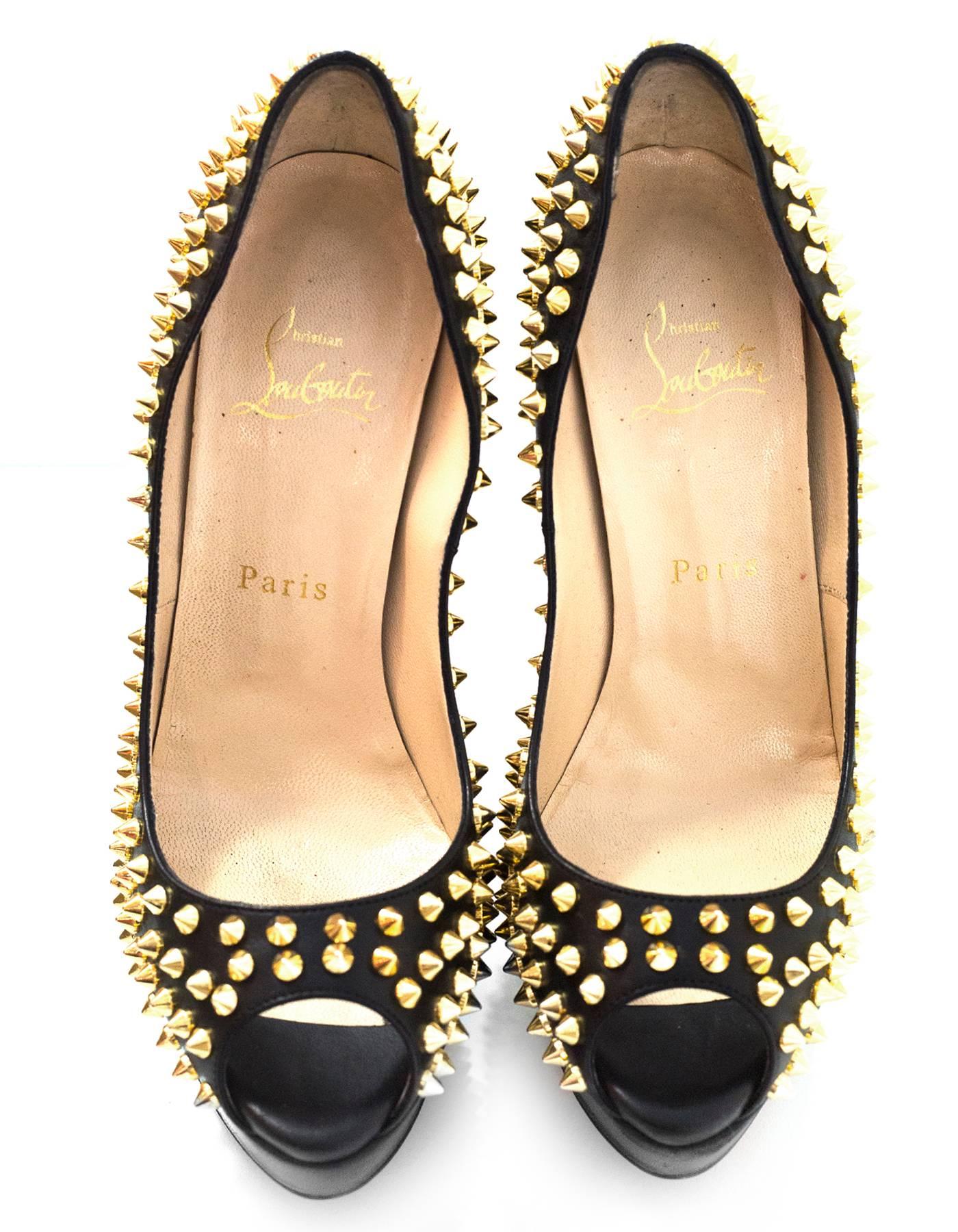 Christian Louboutin Black & Gold Lady Peep Spikes 150 Pumps Sz 38.5 In Excellent Condition In New York, NY