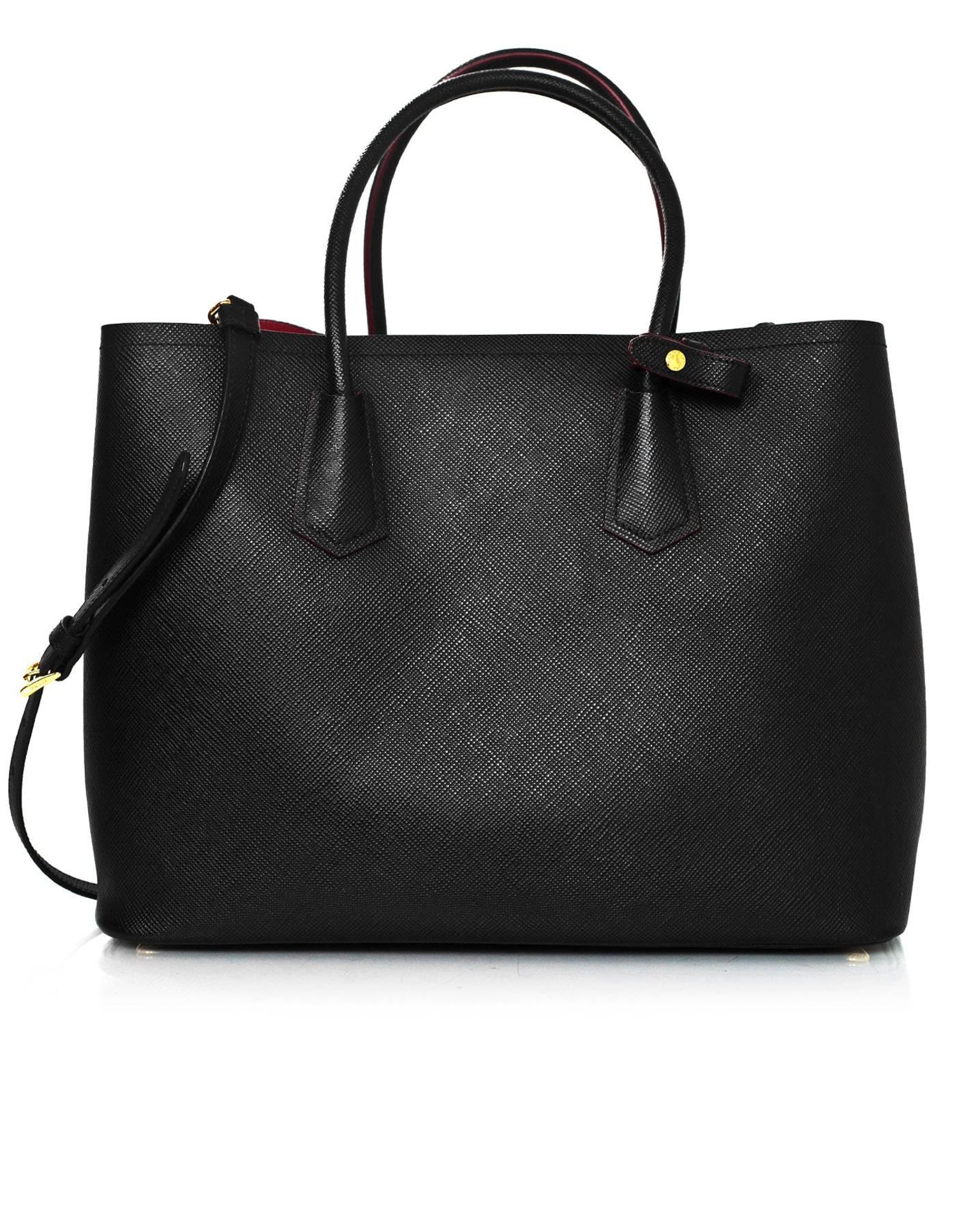 Prada Black Saffiano Leather Double Handle Tote Bag w. Red Interior rt.  $2,780 For Sale at 1stDibs | black bag with red interior, prada black bag  red interior, black prada bag with red interior