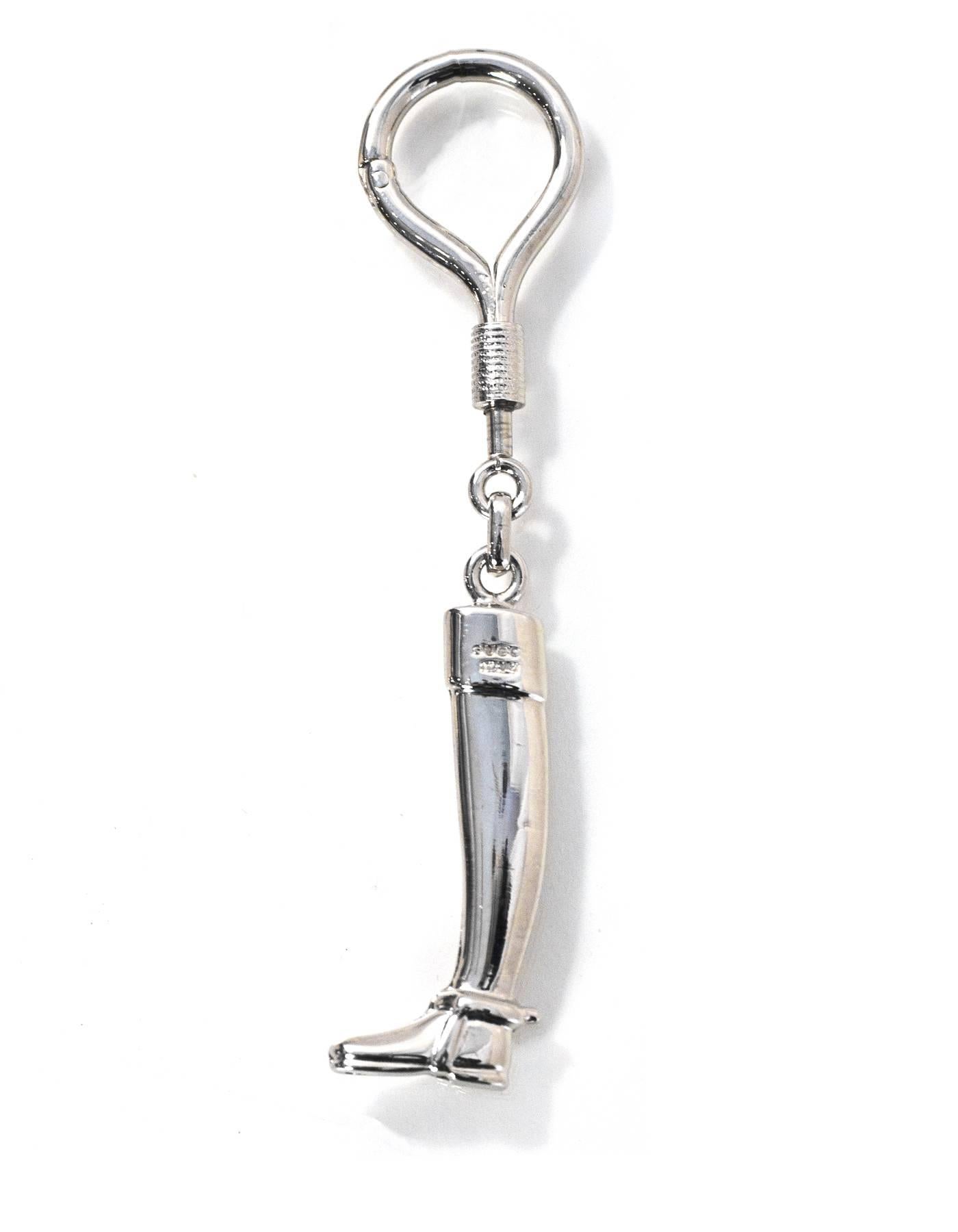Gucci Silvertone Boot Keychain

Made In: Italy
Color: Silver
Materials: Metal
Closure: Push tap
Stamp: Gucci Italy
Overall Condition: Excellent pre-owned condition, light surface marks
Included: Gucci box

Measurements: 
Length: 4.5"