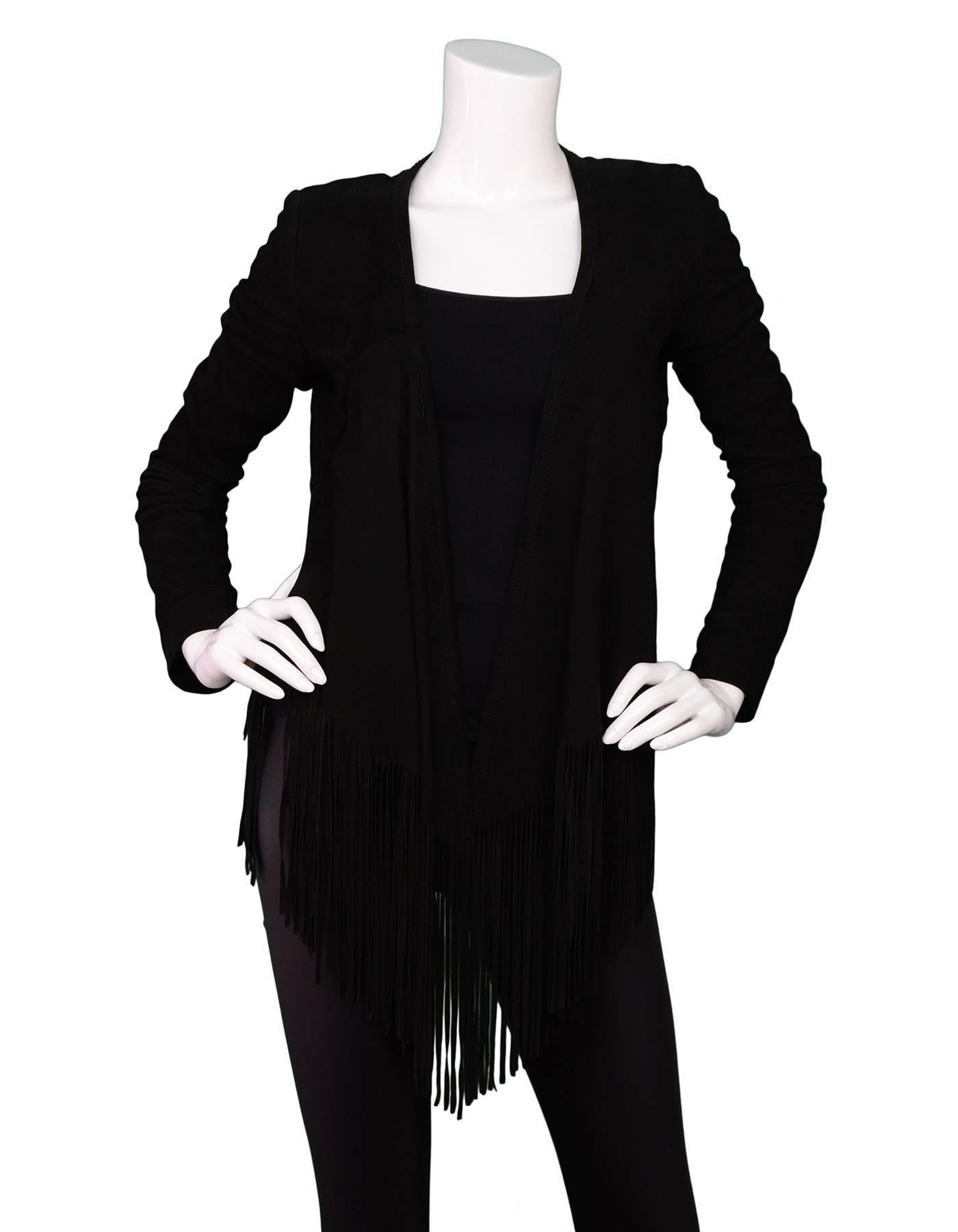 Haute Hippie Black Suede Fringe Jacket Sz XS/S

Made In: China
Color: Black
Composition: 100% leather
Lining: Black 100% cotton
Closure/Opening: Open front
Retail Price: $595 + tax
Overall Condition: Excellent pre-owned condition with the exception