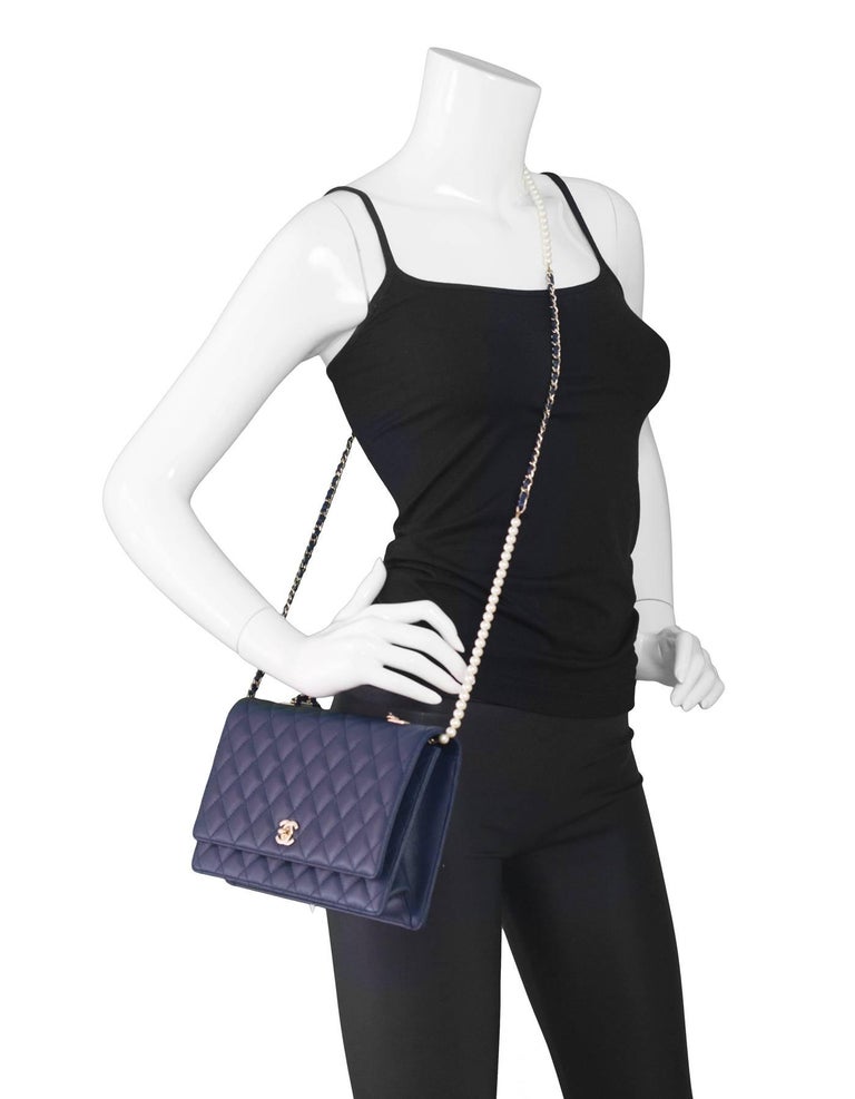 Chanel '16 Navy Lambskin Leather Large Fantasy Pearls Crossbody Flap Bag