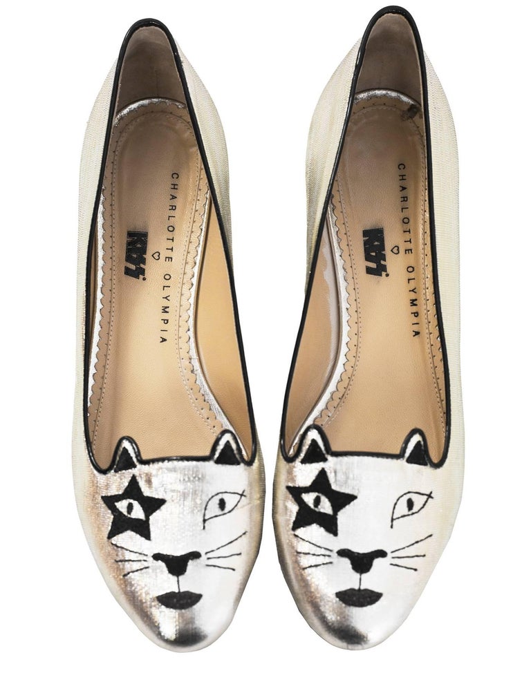 Charlotte Olympia Silver Metallic KISS Kitty Flats Sz 39.5 with Box For ...
