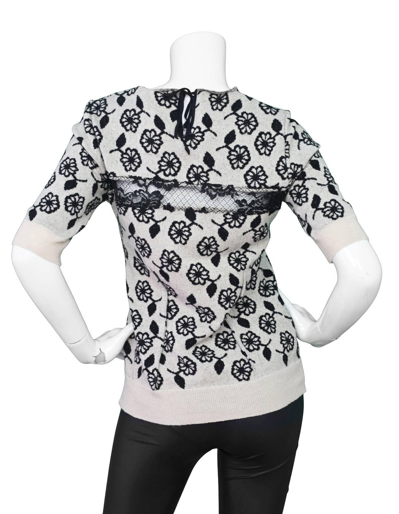 Gray Nina Ricci Black & White Cashmere Short Sleeve Sweater sz M