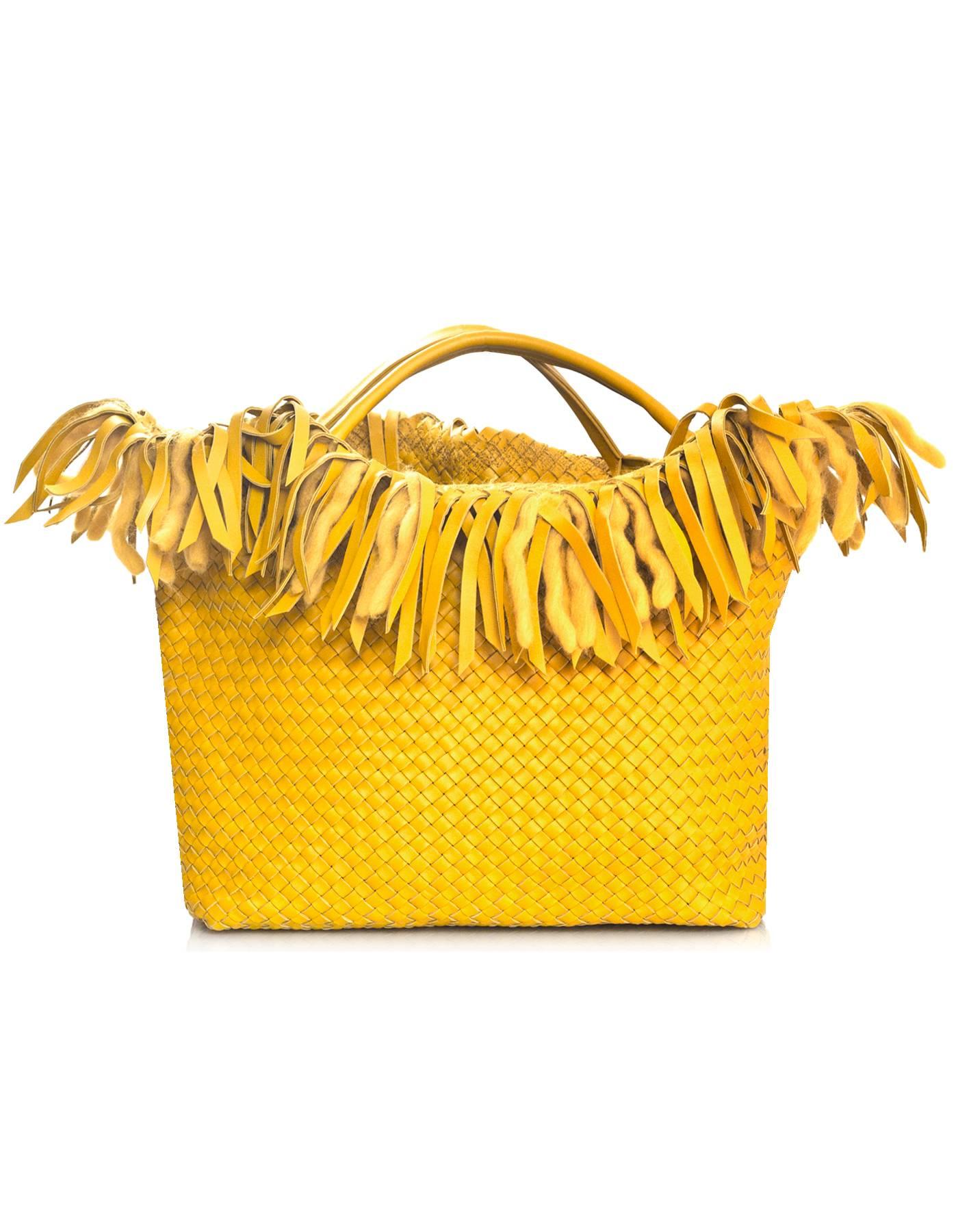 Yellow Bottega Veneta Mustard Leather & Wool Limited Ed Intrecciato Tote Bag