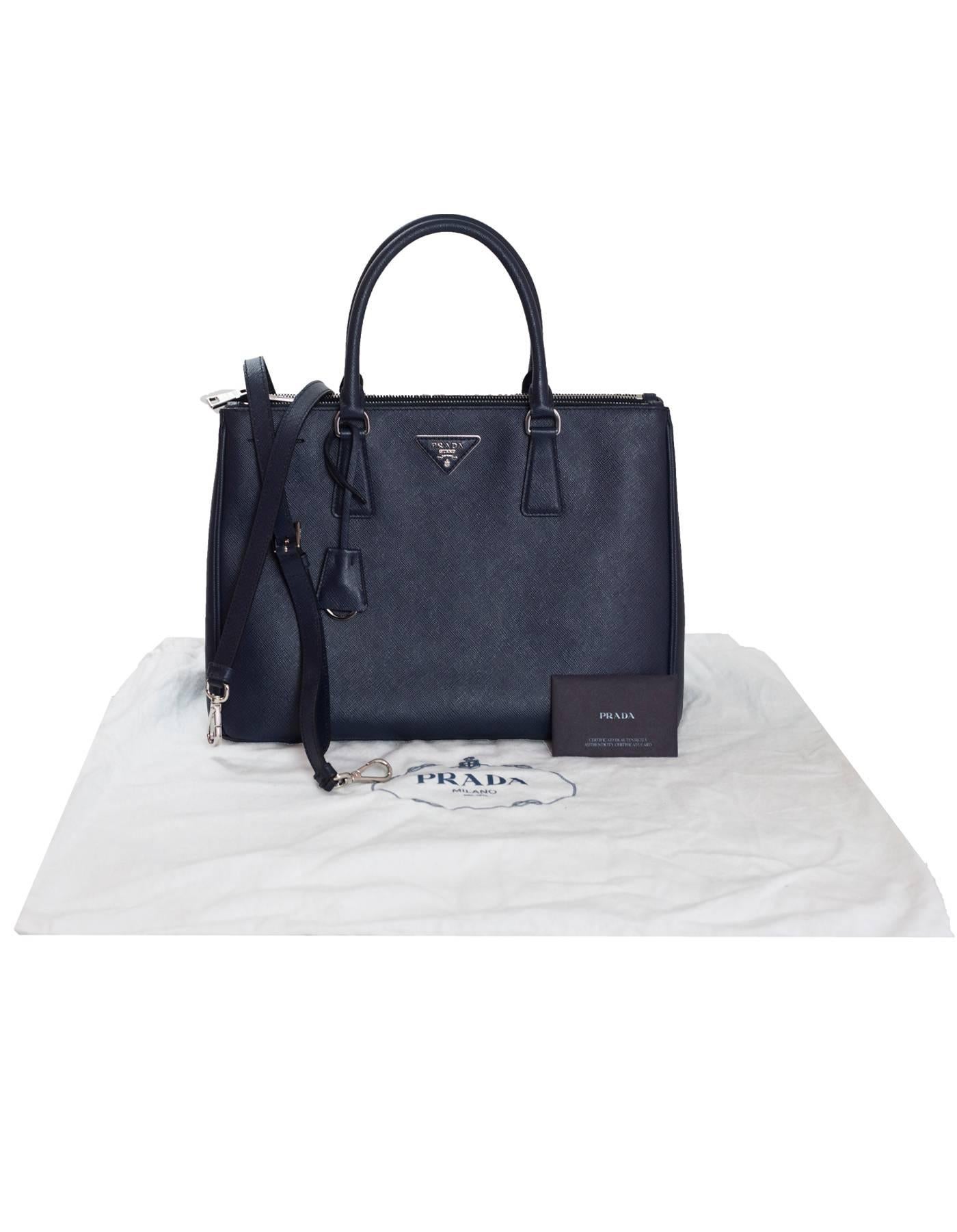 Prada Baltico Navy Blue Medium Double Zip Saffiano Leather Tote Bag w/ Strap 2