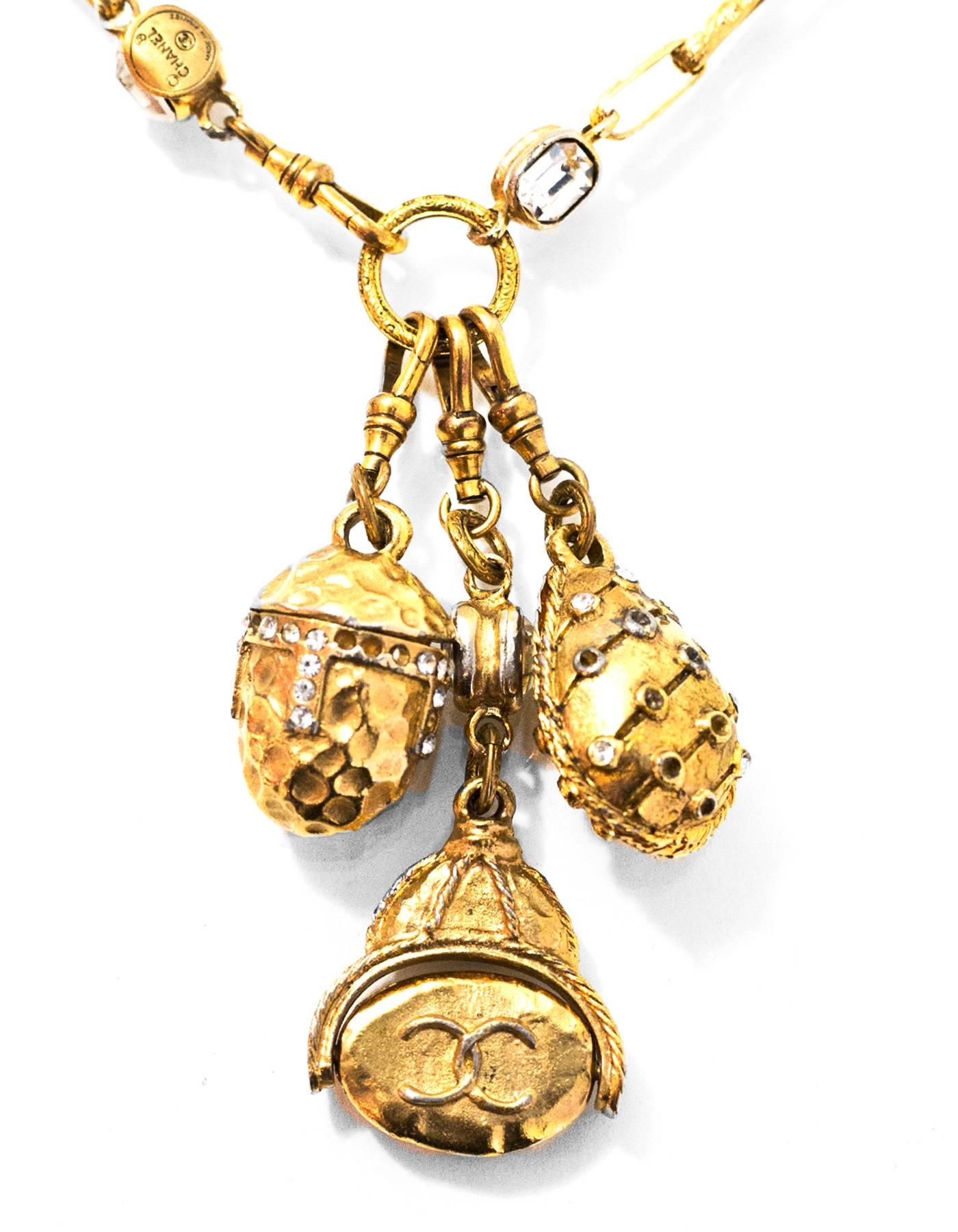 Chanel Vintage Goldtone & Crystal 3 Charm Pendant Necklace In Good Condition In New York, NY