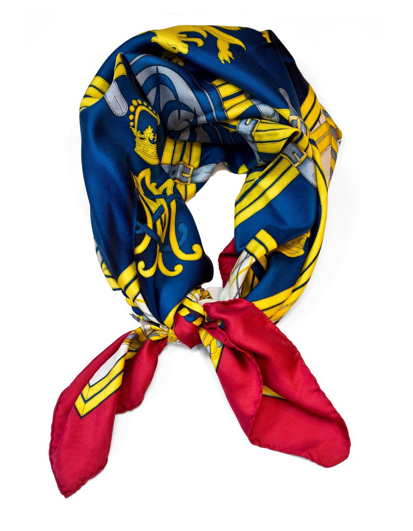 Hermes Red, White & Blue Grande Tenue Silk 90cm Scarf

Made In: France
Color: Red, white and navy
Composition: 100% Silk
Retail Price: $395 + tax
Overall Condition: Very good pre-owned condition, small pulls at border

Measurements:
Length: