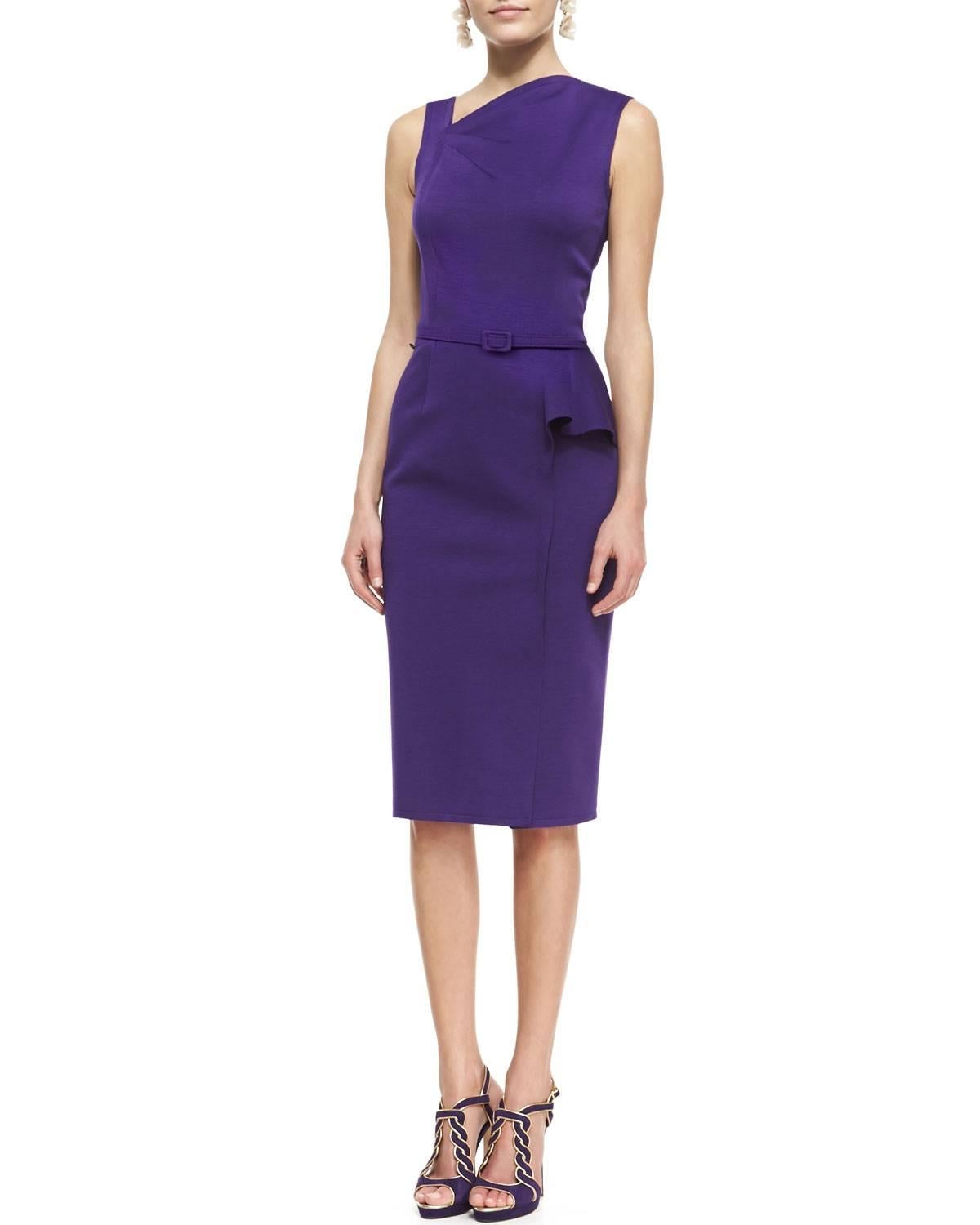 Oscar De La Renta Purple Ruched Sheath Dress Sz 4

Made In: Italy
Color: Purple
Composition: 81% wool, 13% nylon, 6% polyester
Lining: Purple wool
Closure/Opening: Back zip closure
Exterior Pockets: Two hip pockets
Overall Condition: Excellent