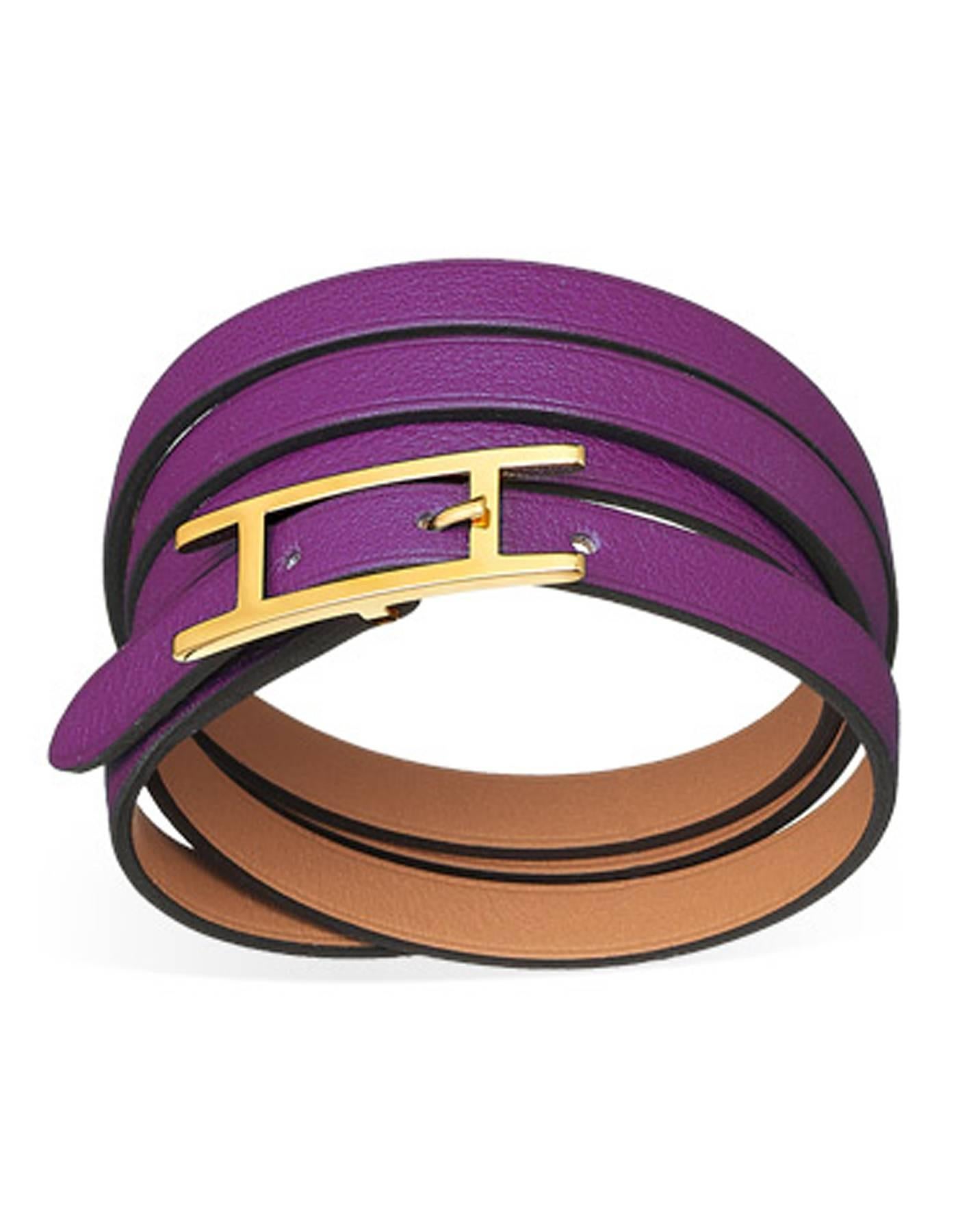 Hermes Anemone Purple Hapi 3 H Wrap Bracelet Sz M In Excellent Condition In New York, NY
