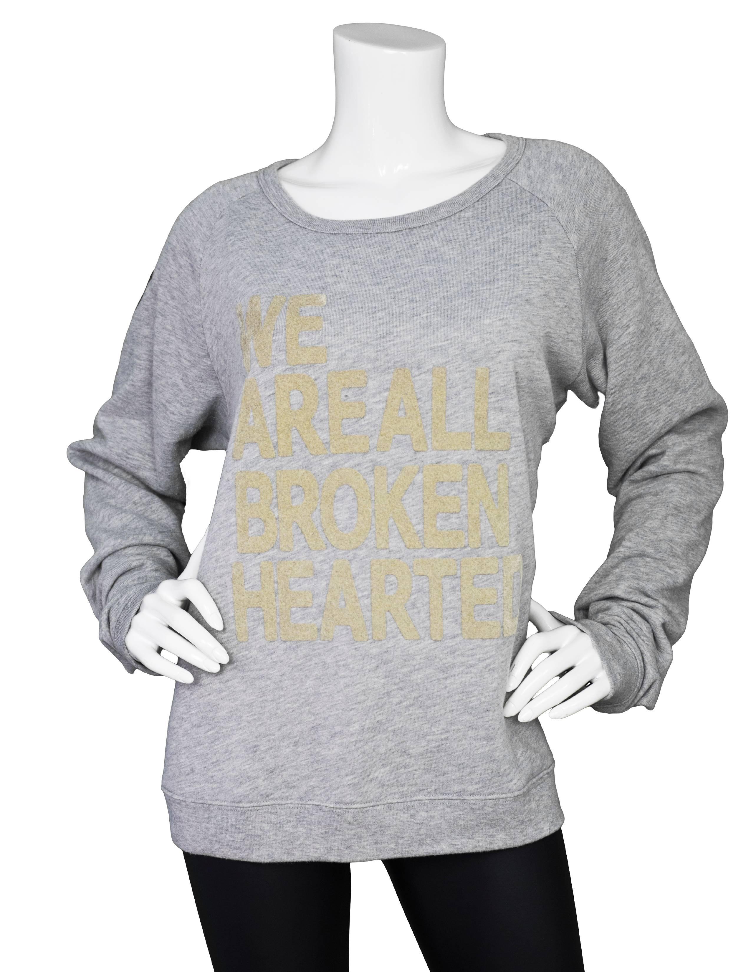 Free City Grey Sweatshirt Sz XL

Features 'We are all broken hearted' print

Color: Grey
Composition: 58% polyester, 42% cotton
Lining: None
Closure/Opening: Pull over
Exterior Pockets: None
Interior Pockets: None
Retail Price: $235 + tax
Overall