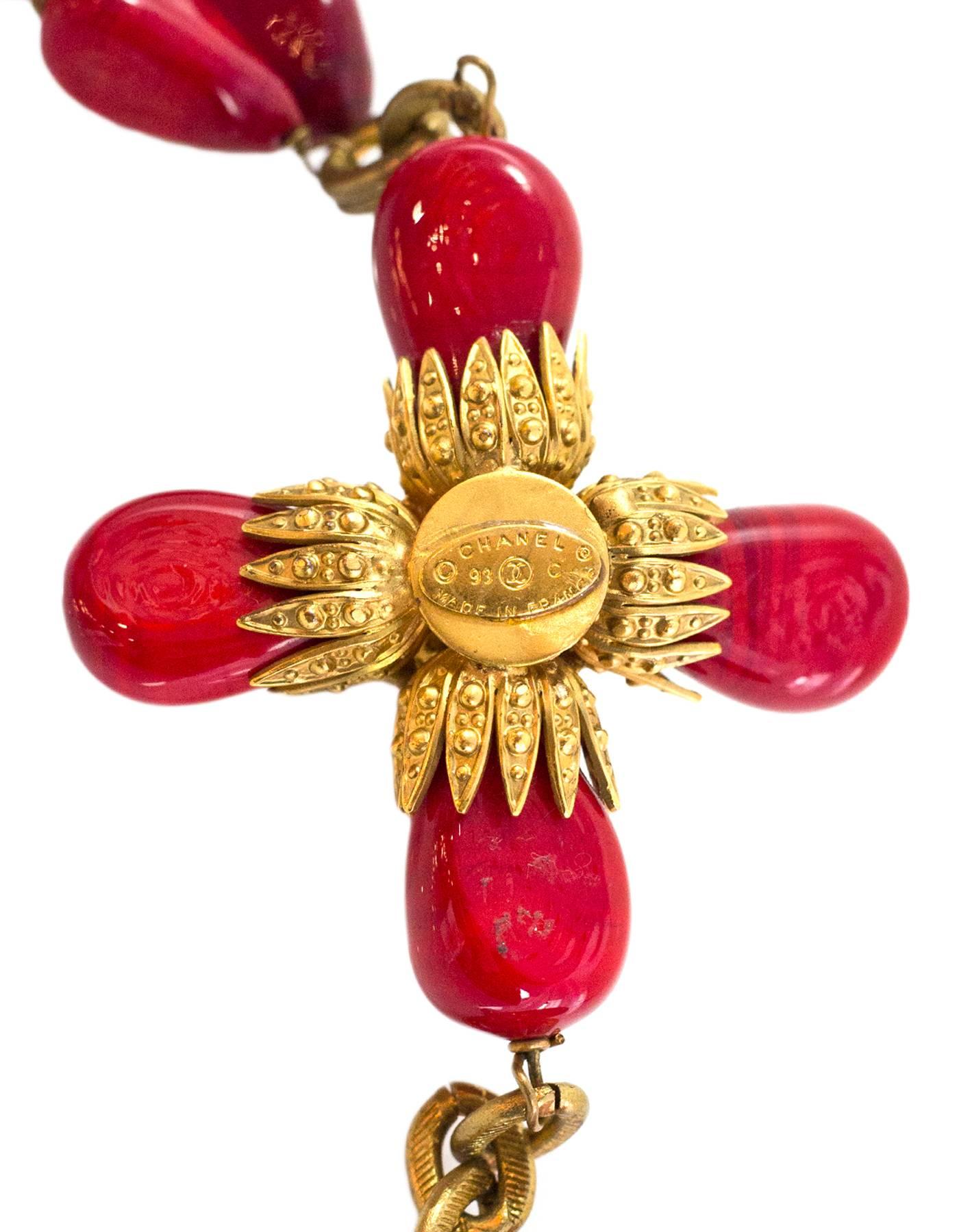 Chanel Red & Goldtone Cross Necklace In Excellent Condition In New York, NY