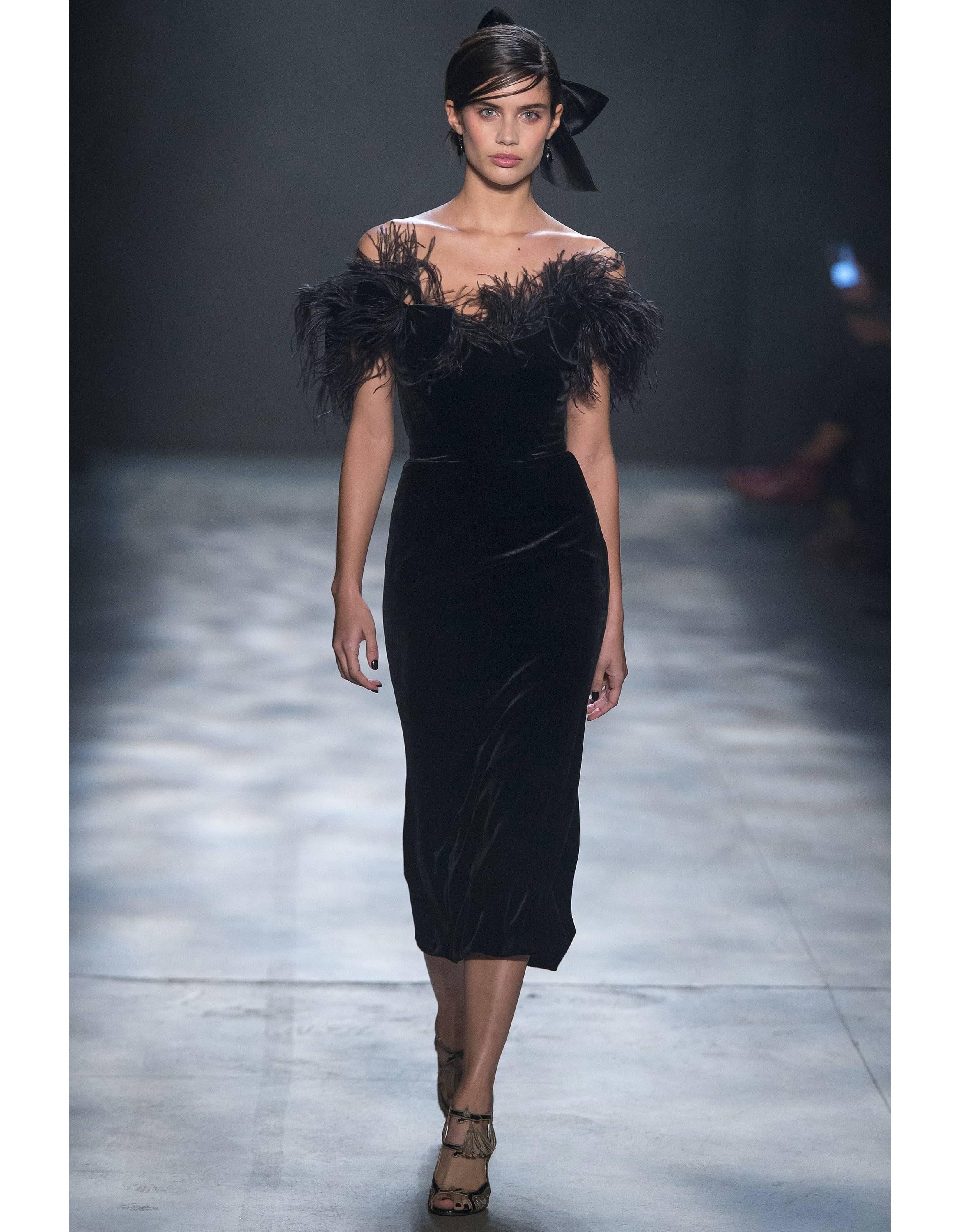 Marchesa Black Velvet Off The Shoulder Evening Dress Sz 8 NWT

Features bow and ostrich feather details along top

Made In: USA
Color: Black
Composition: 80% Viscose, 12% Silk, 8% Spandex
Closure/Opening: Back zip closure
Retail Price: $3,000 +