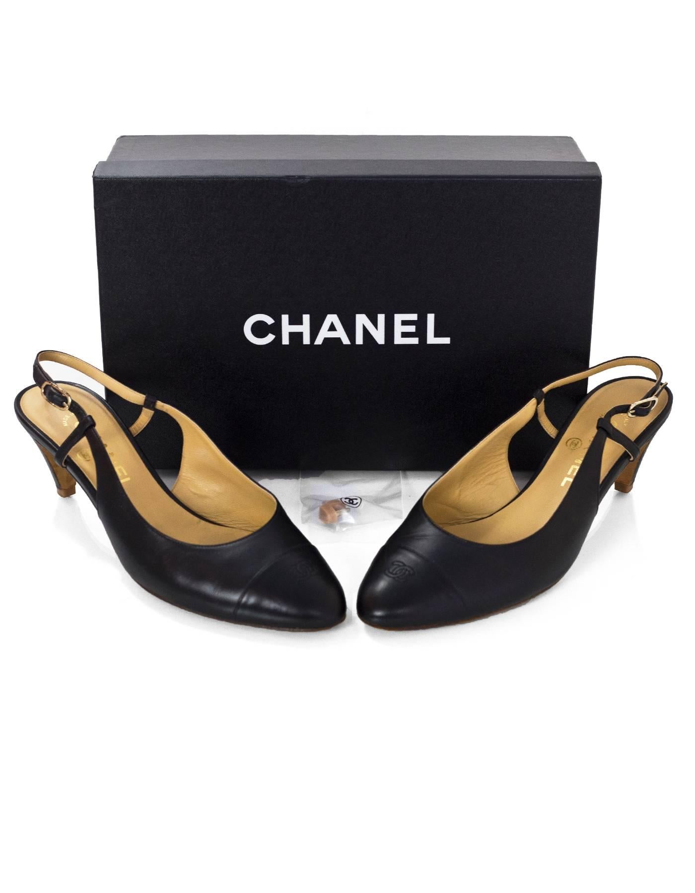Chanel Black Leather Cap-Toe Slingback Pumps Sz 38.5 with Box In Excellent Condition In New York, NY