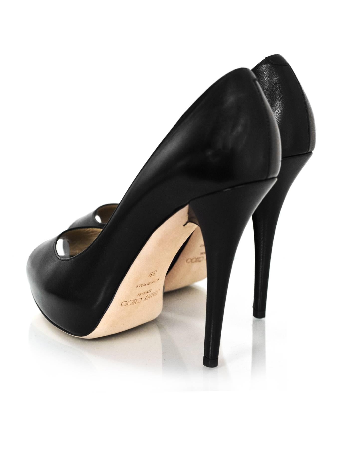 Jimmy Choo Black Leather Peep-Toe Comet Pumps Sz 39 with Box and DB In Excellent Condition In New York, NY