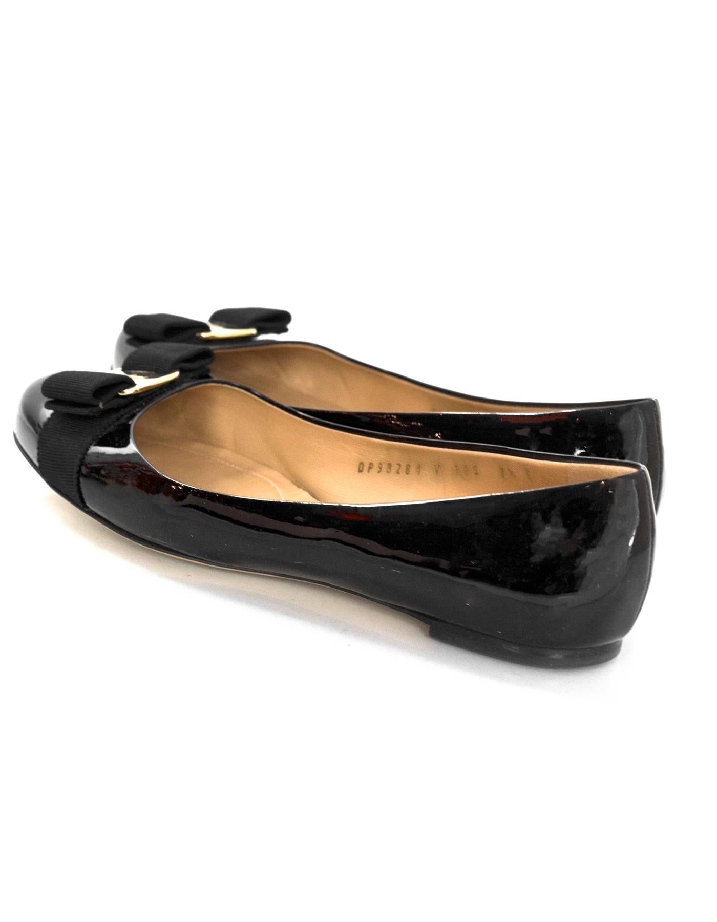 Women's Salvatore Ferragamo Black Patent Leather Varina Bow Flats Sz 7.5C with Box, DB