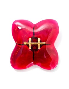 Baccarat Rotes Glas & 18k Gold Blume Brosche mit Box