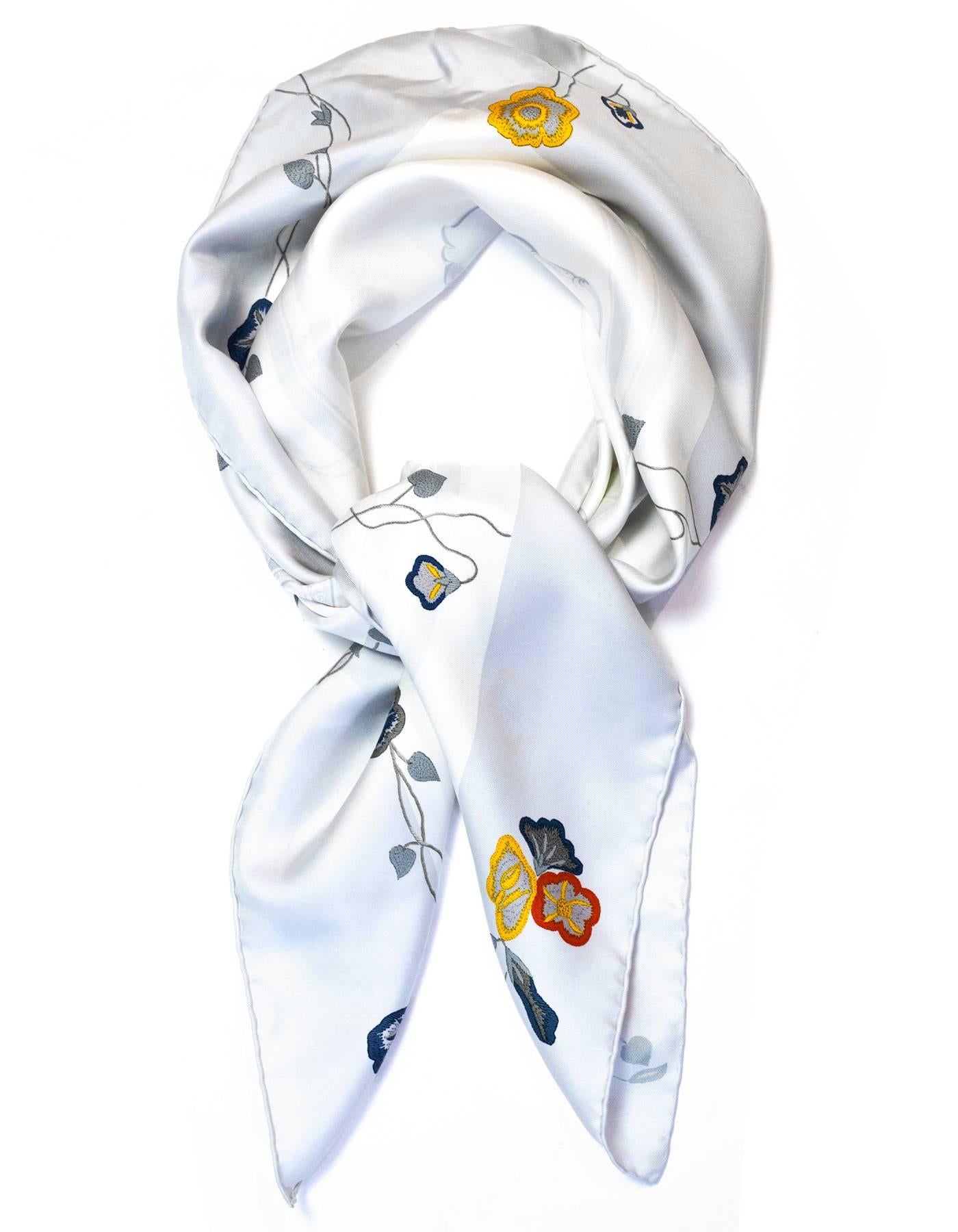 Hermes White Bride de Gala Silk 90cm Scarf

Made In: France
Color: White
Composition: 100% Silk
Overall Condition: Excellent pre-owned condition, very light marks
Included: Hermes box

Measurements:
Length: 35"
Width: 35"