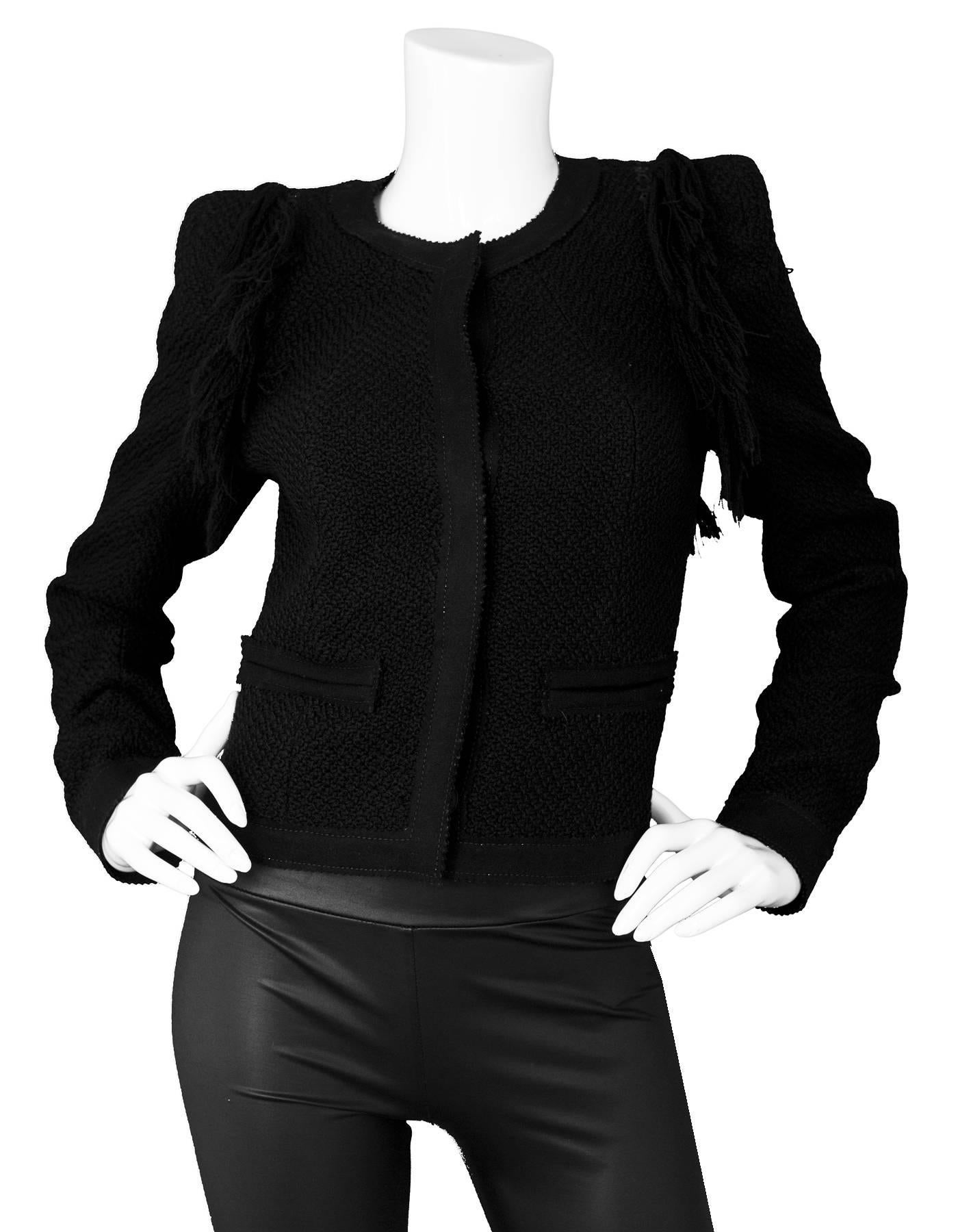 Roberto Cavalli Black Wool Tweed Jacket Sz IT40

Features fringe detail at shoulders

Made In: Portugal
Color: Black
Composition: 100% Wool 
Lining: Black textile
Closure/Opening: Front snap button closure
Exterior Pockets: Faux front