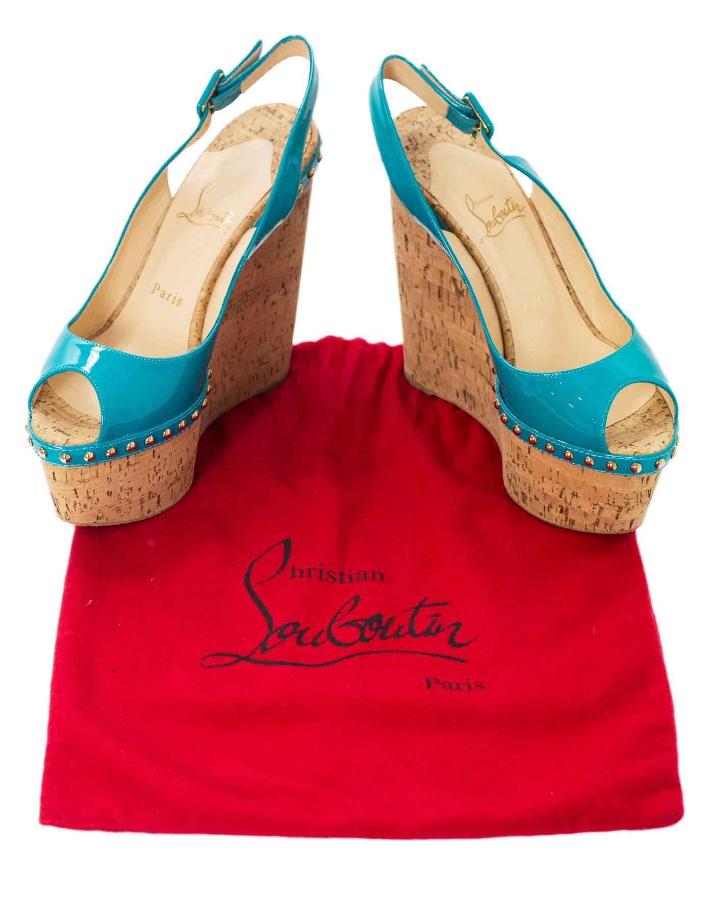 Christian Louboutin Turquoise Patent Leather Peep-Toe Wedges Sz 38 In Excellent Condition In New York, NY