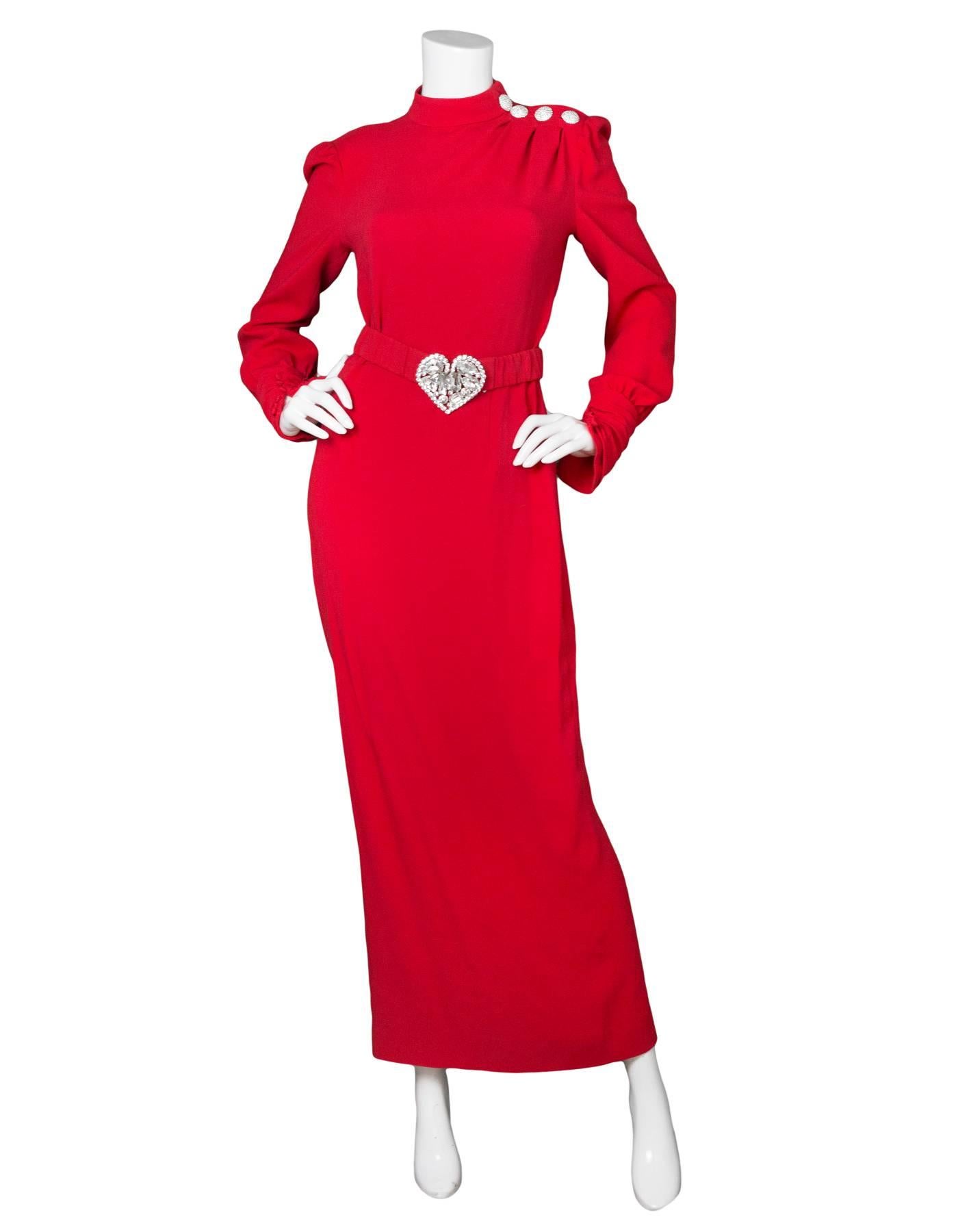 Alessandra Rich Red Crystal Embellished Crepe Gown Sz IT42 NWT

Features pave crystal buttons along shoulder and crystal heart belt

Made In: Italy
Color: Red
Composition: 64% Viscose, 33% acetate, 3% elastan
Closure/Opening: Back zip closure
Retail