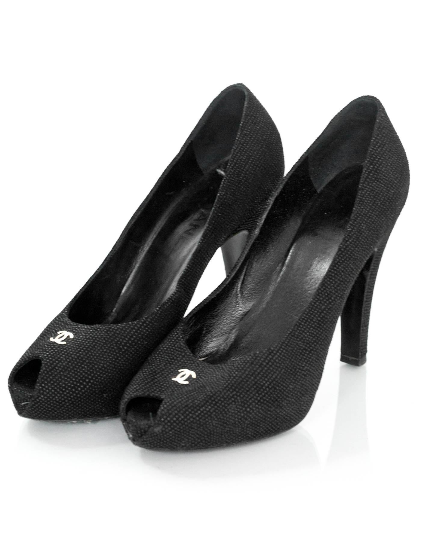 Chanel Black Textured Peep-Toe Pumps Sz 37.5 In Good Condition In New York, NY
