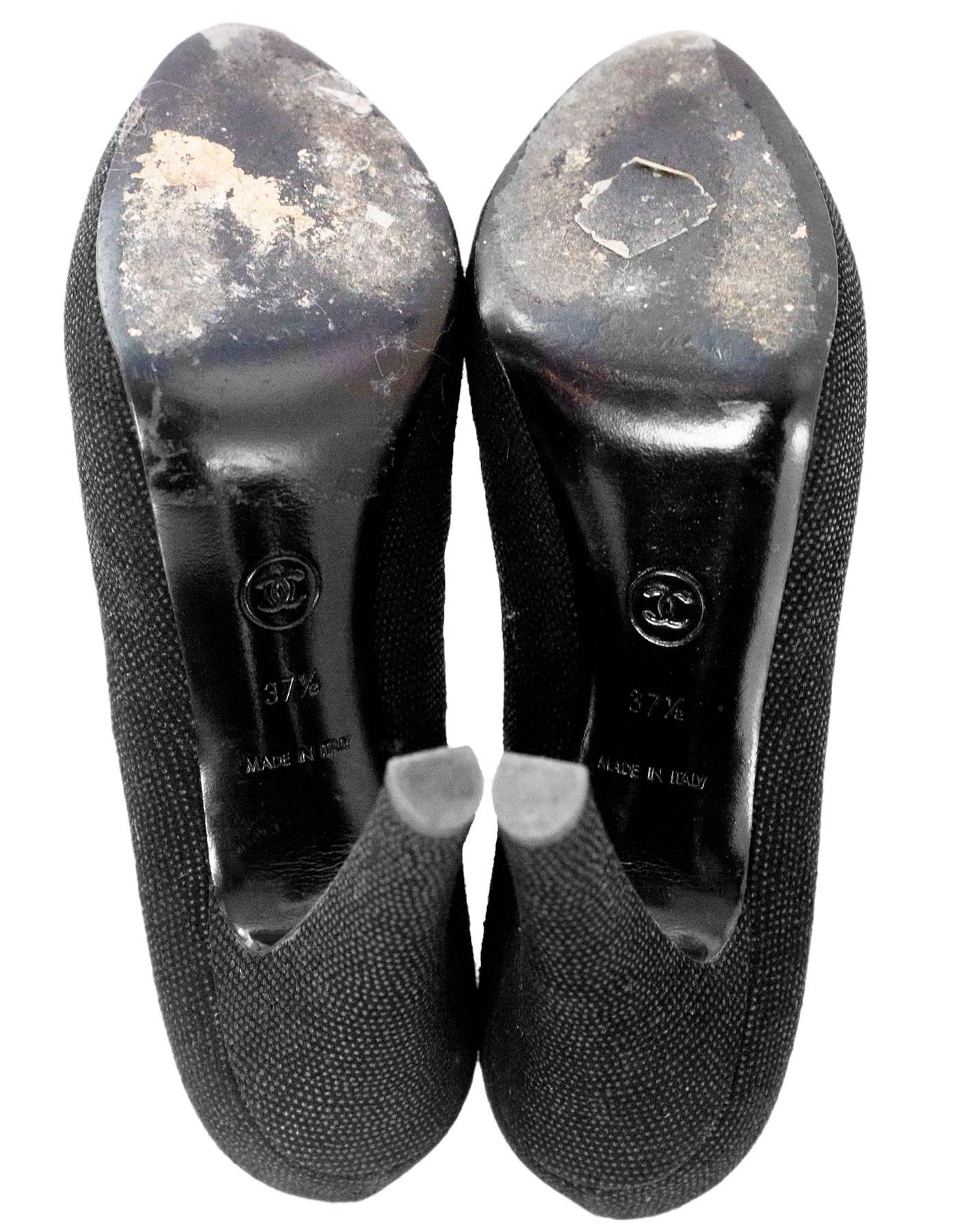 Chanel Black Textured Peep-Toe Pumps Sz 37.5 1