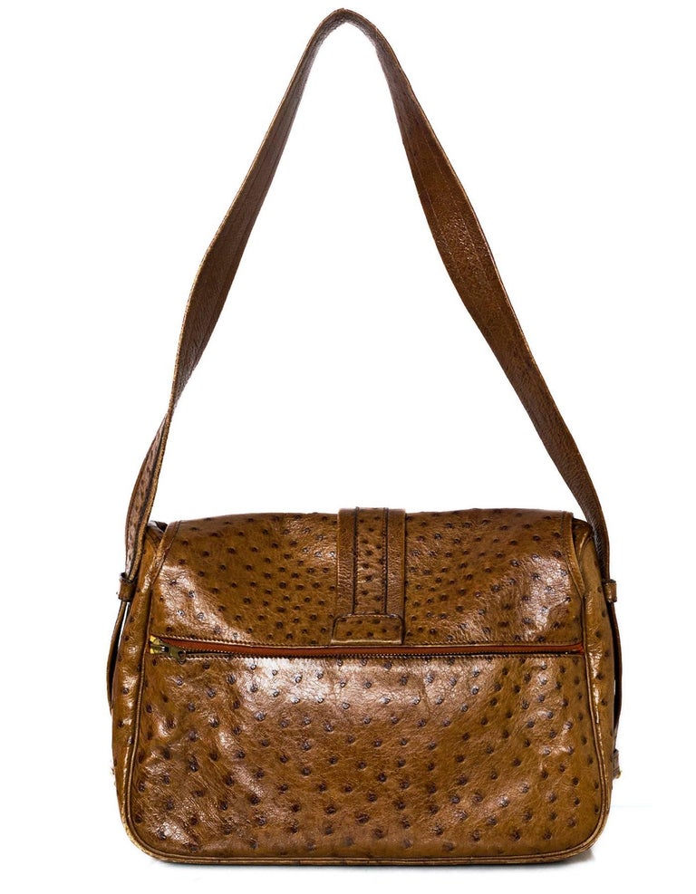 Hermes Vintage Brown Ostrich Shoulder Bag with Dust Bag For Sale at 1stdibs