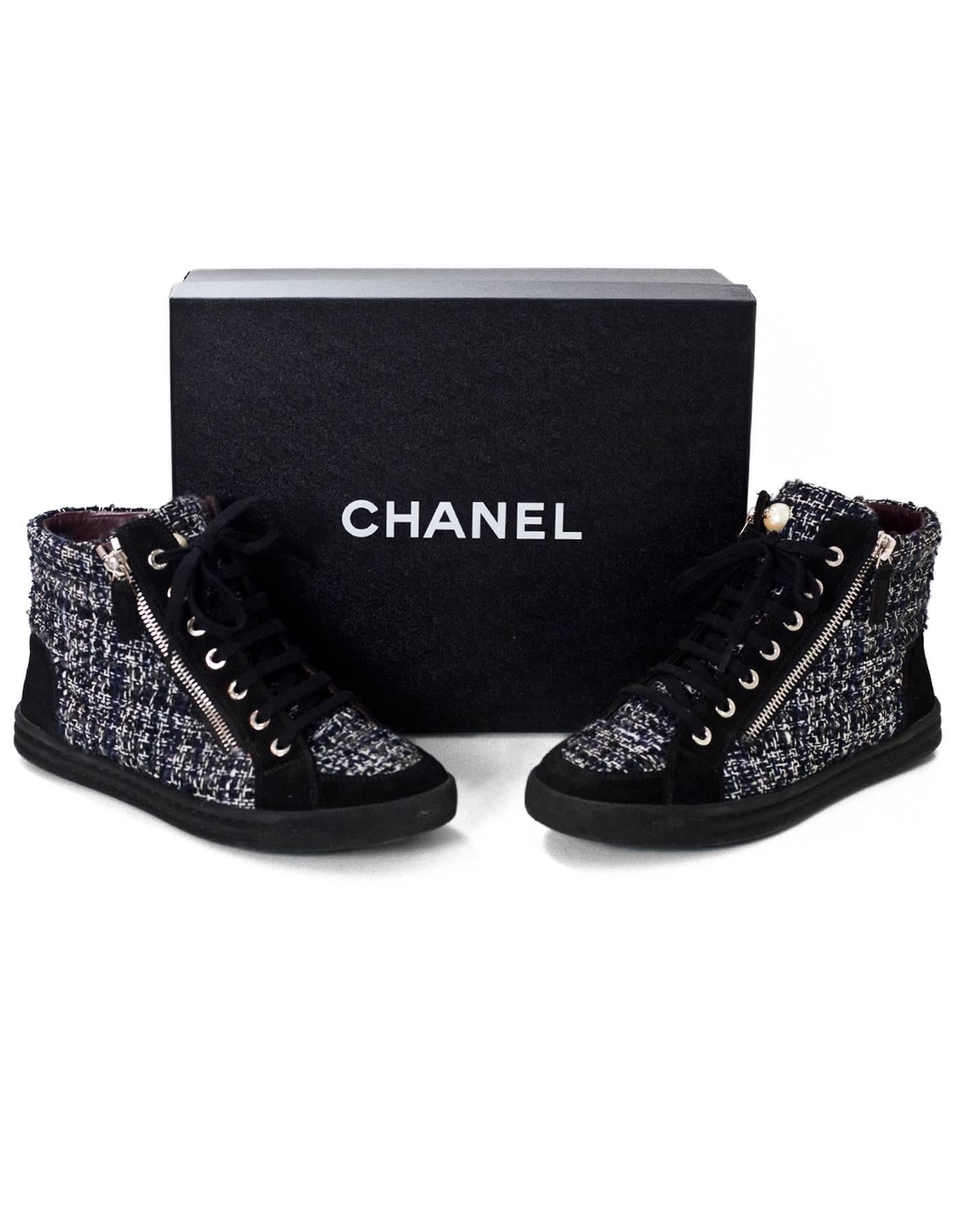 Gray Chanel Black, White & Grey Tweed High Top Sneakers Sz 37 with Box