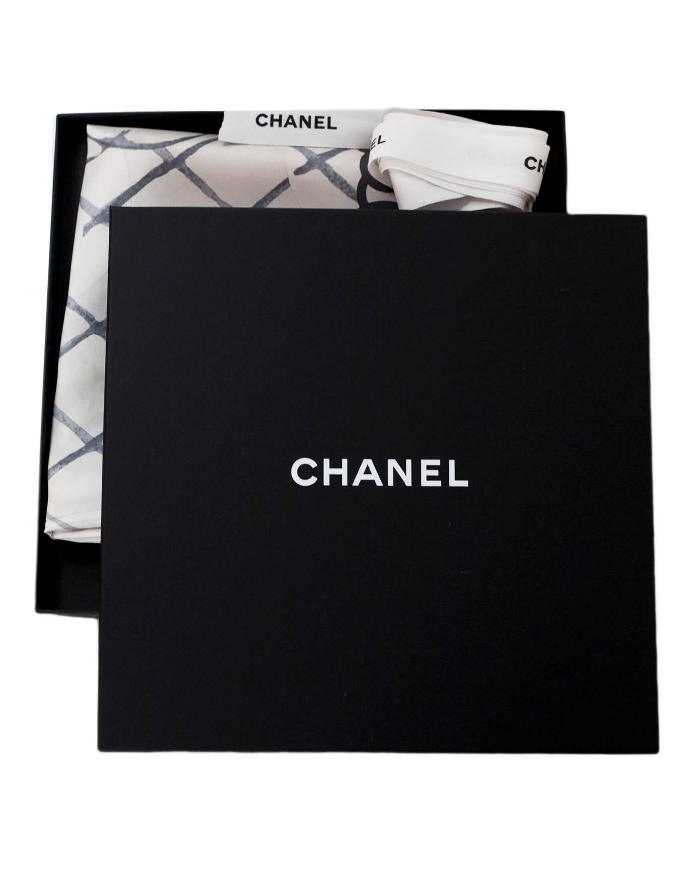 Chanel White & Grey CC Camellia Silk Scarf with Box In Excellent Condition In New York, NY