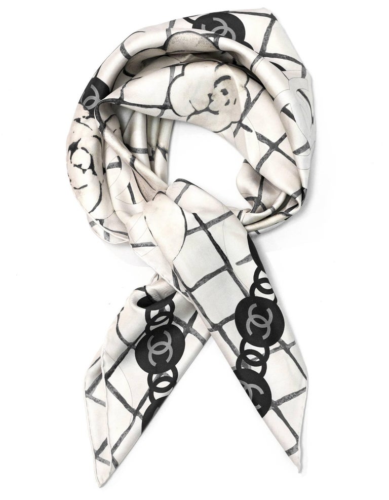 Chanel White and Grey CC Camellia Silk Scarf with Box For Sale at 1stDibs