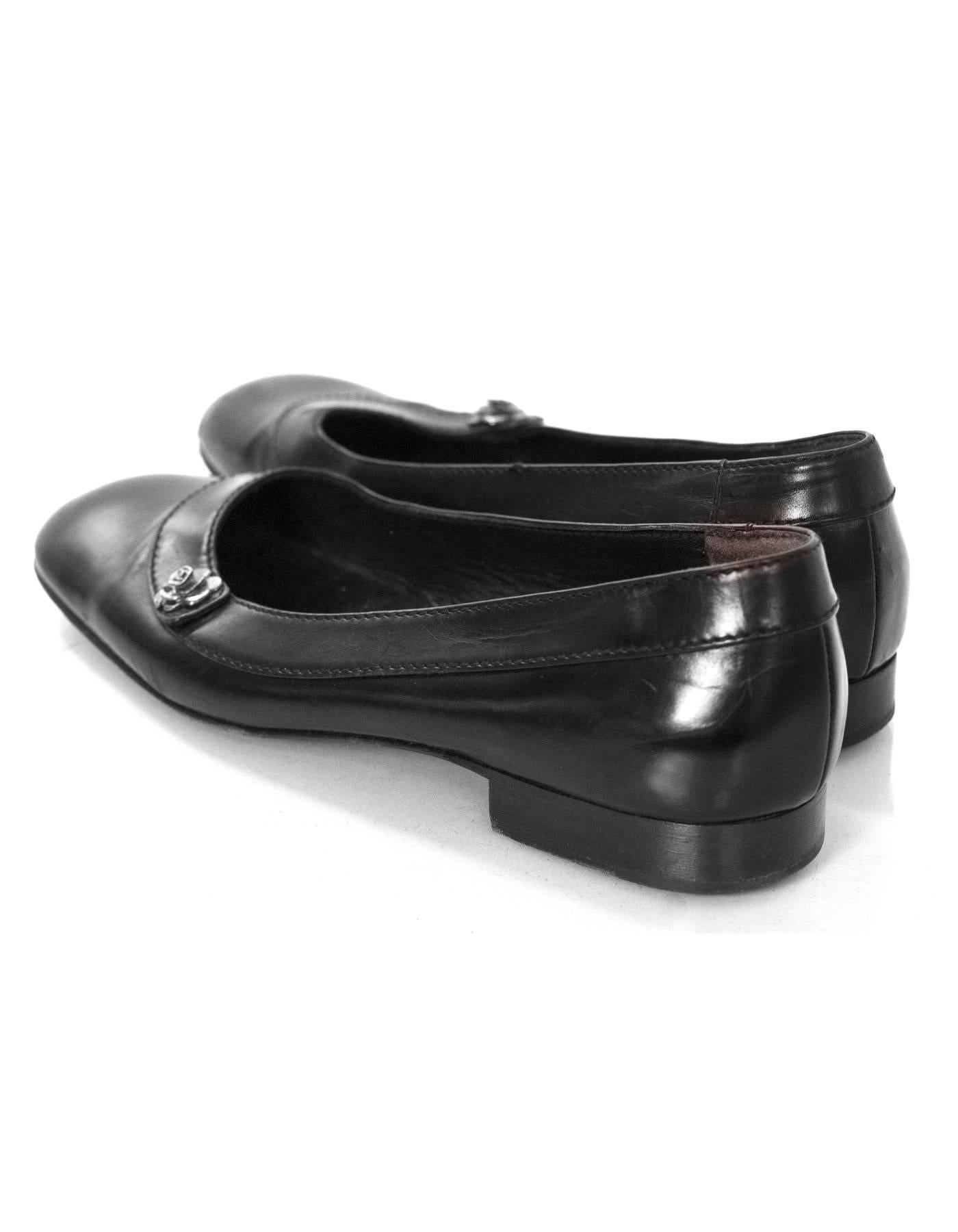 Women's Chanel Black Leather Flats with Camellia Flower Sz 36.5