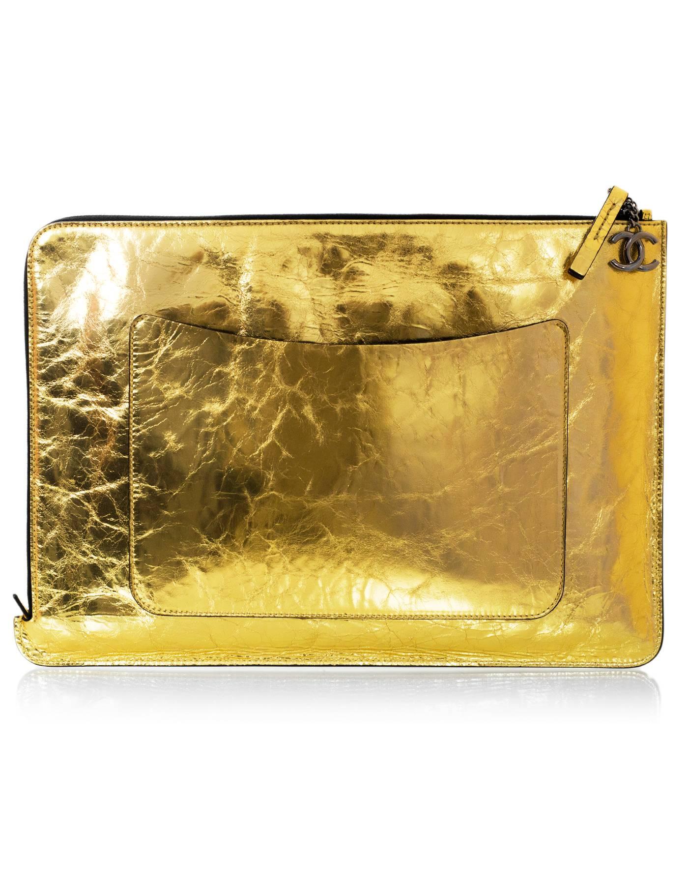 Chanel 2015 Gold Crinkled Leather Large Feminist Mais Feminine Clutch Bag In Excellent Condition In New York, NY