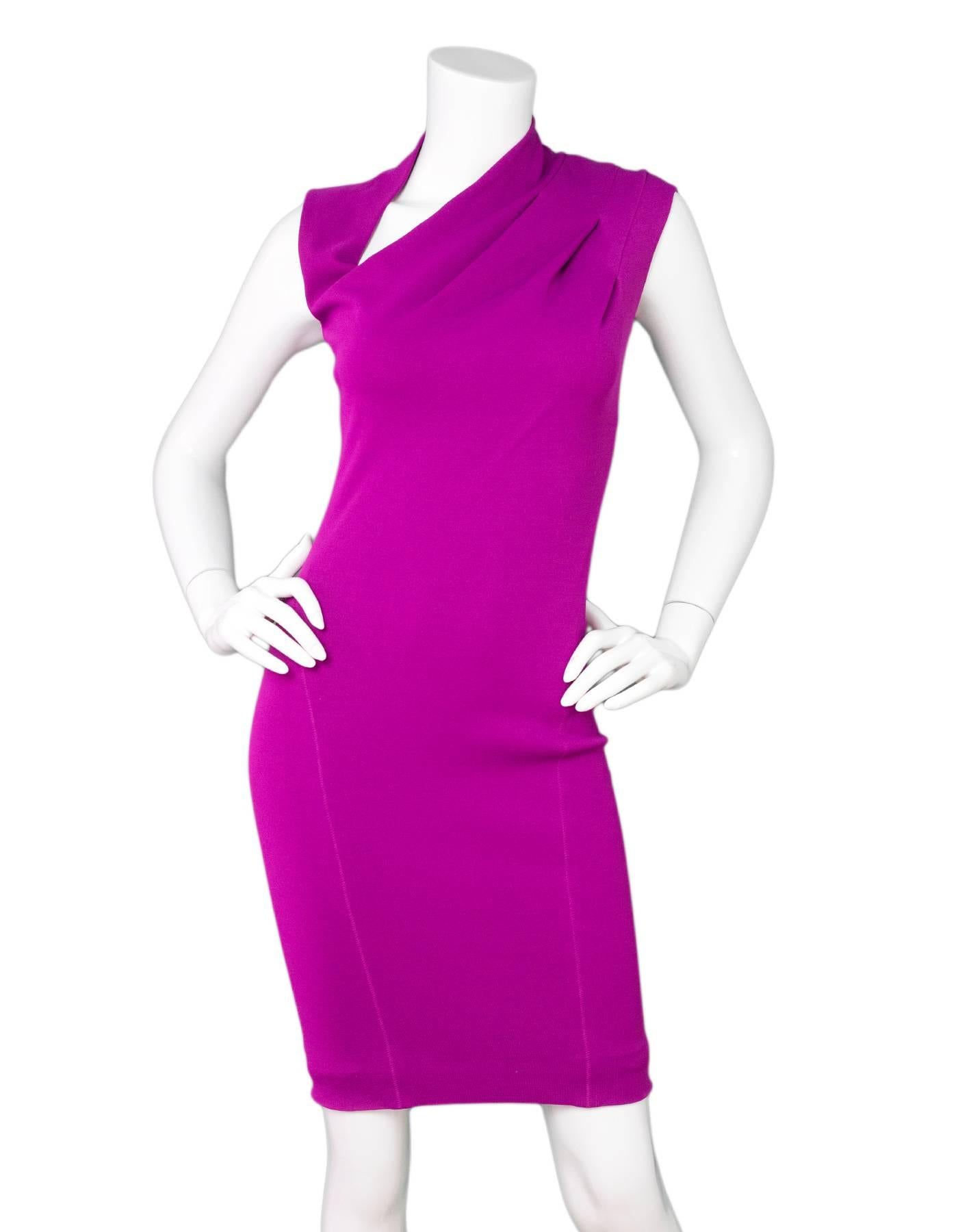 Donna Karan Purple Dress with Cowl Neck

Made In: China
Color: Purple
Composition: Not listed, feels like nylon blend
Lining: Purple lining
Closure/Opening: Back zip closure
Overall Condition: Excellent pre-owned condition with the exception of some