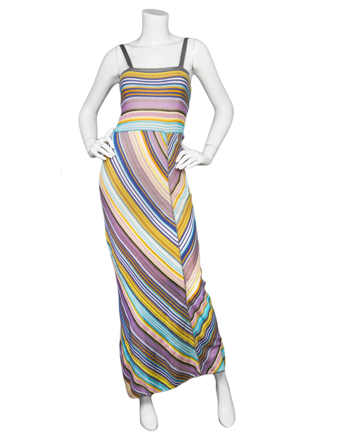 M Missoni Multi-Colored Maxi Dress Sz IT40

Made In: Italy
Color: Grey, yellow, lavender, orange
Composition: Not given- feels like nyon blend
Lining: Nude underslip
Closure/Opening: Pull over
Overall Condition: Excellent pre-owned condition with