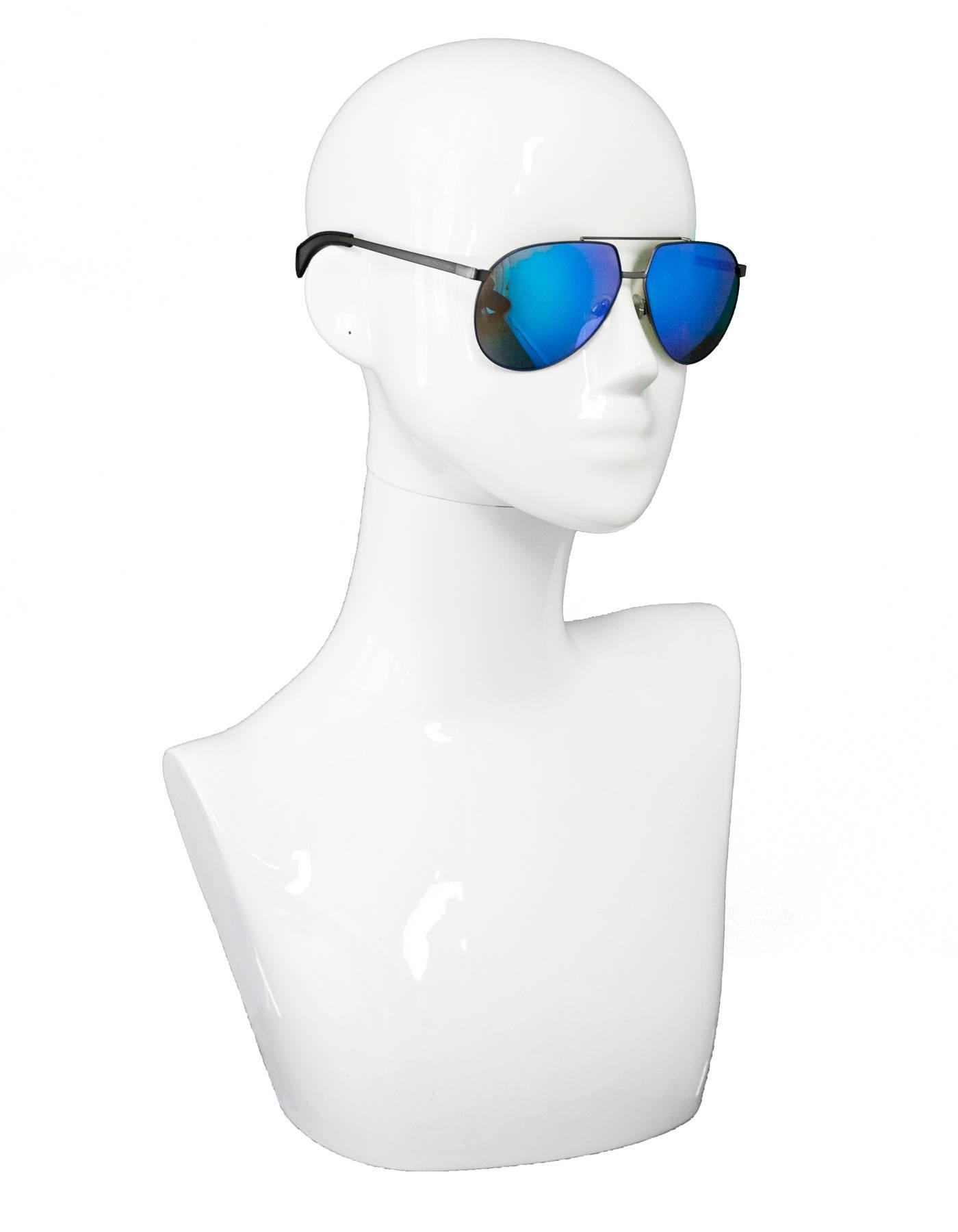 Dolce & Gabbana Blue Mirrored DG2152 Aviator Sunglasses

Made In: Italy
Color: Blue, silver
Materials: Metal
Overall Condition: Excellent pre-owned condition
Includes: Dolce & Gabbana box, case, dust bag, cards
Measurements: 
Length Across: