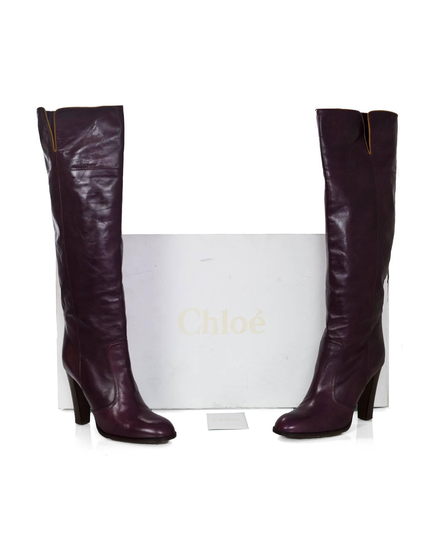 Chloe Plum Leather Knee High Boots Sz 40

Made In: Italy
Color: Plum
Materials: Leather
Closure/Opening: Pull on
Sole Stamp: Chloe 40 made in italy
Overall Condition: Excellent pre-owned condition with the exception of very light wear at
