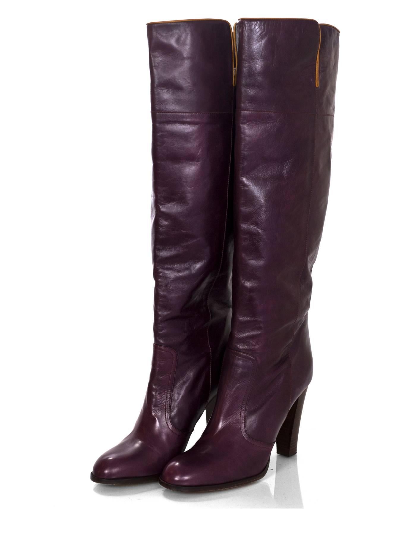 Black Chloe Plum Leather Knee High Boots Sz 40