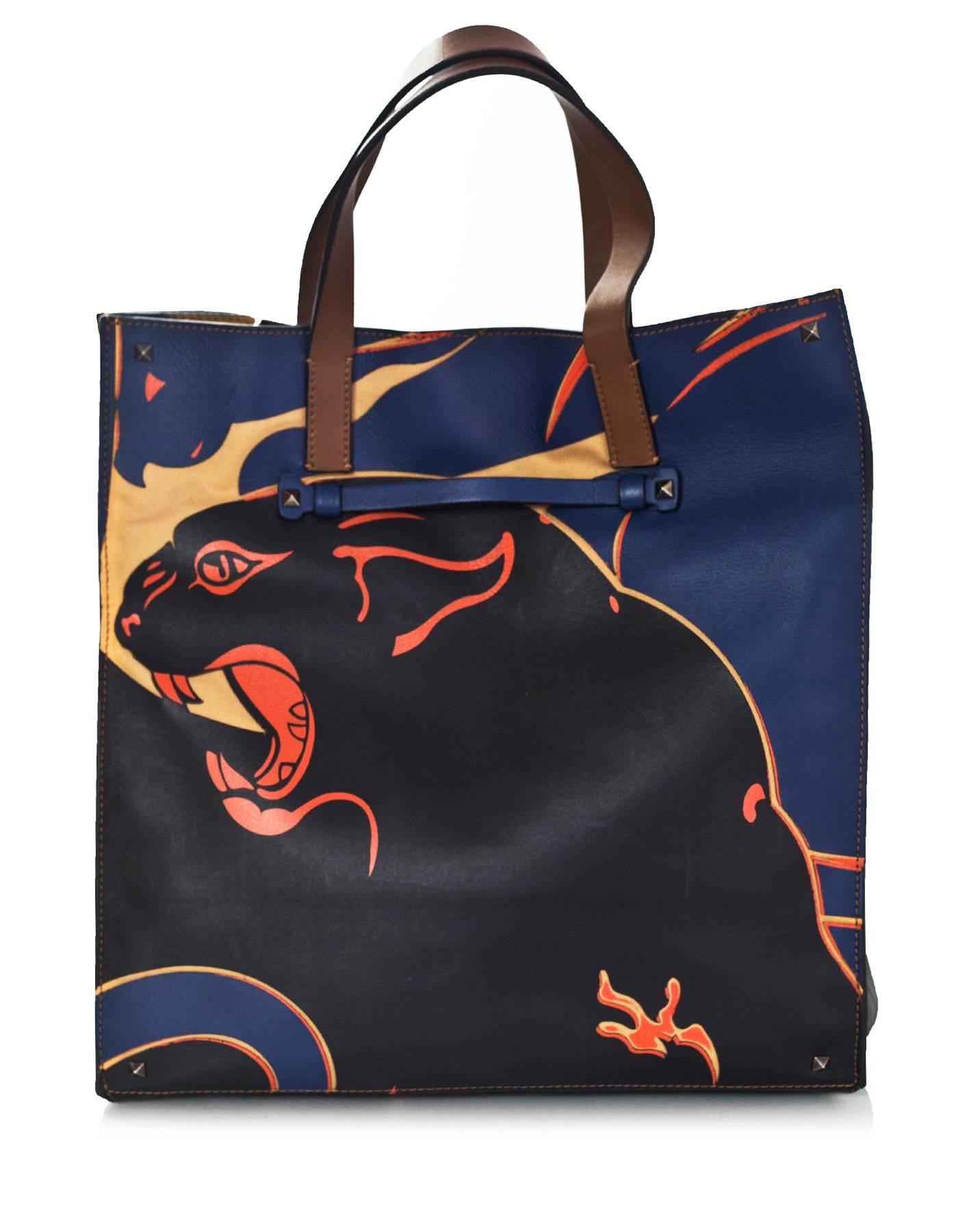 Valentino Navy Leather and Canvas Panther Print Tote Bag at 1stDibs