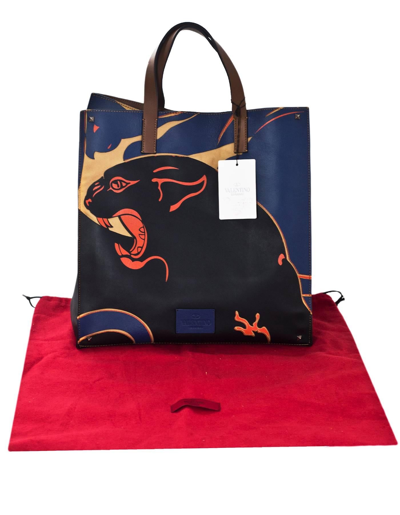 Valentino Navy Leather & Canvas Panther Print Tote Bag 2